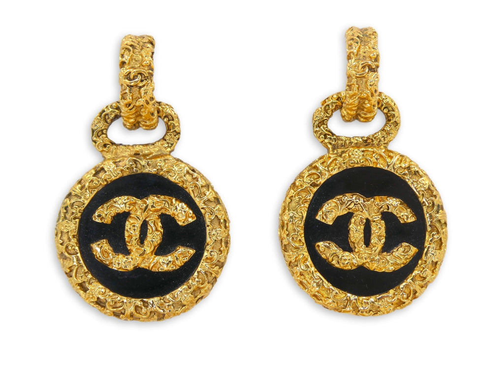 Rare Chanel 93A Vintage Black Lava CC Black Disc Drop Earrings