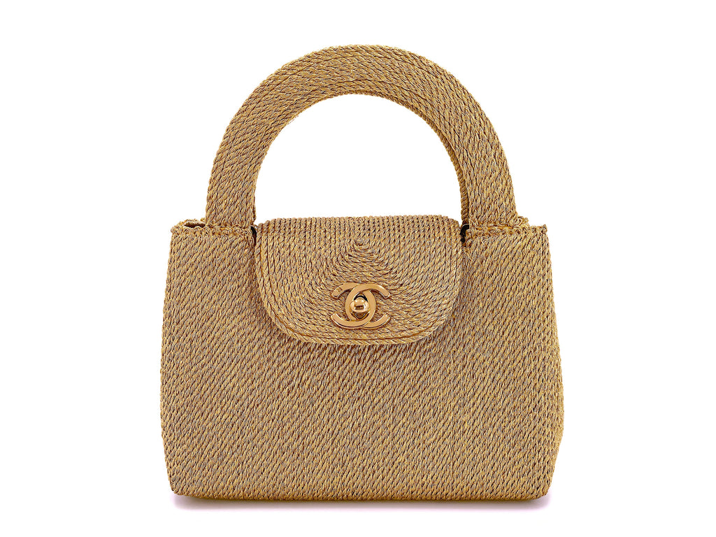 Chanel 1997 Vintage Gold Spun Raffia Micro Mini Kelly Evening Bag 24k GHW XRU