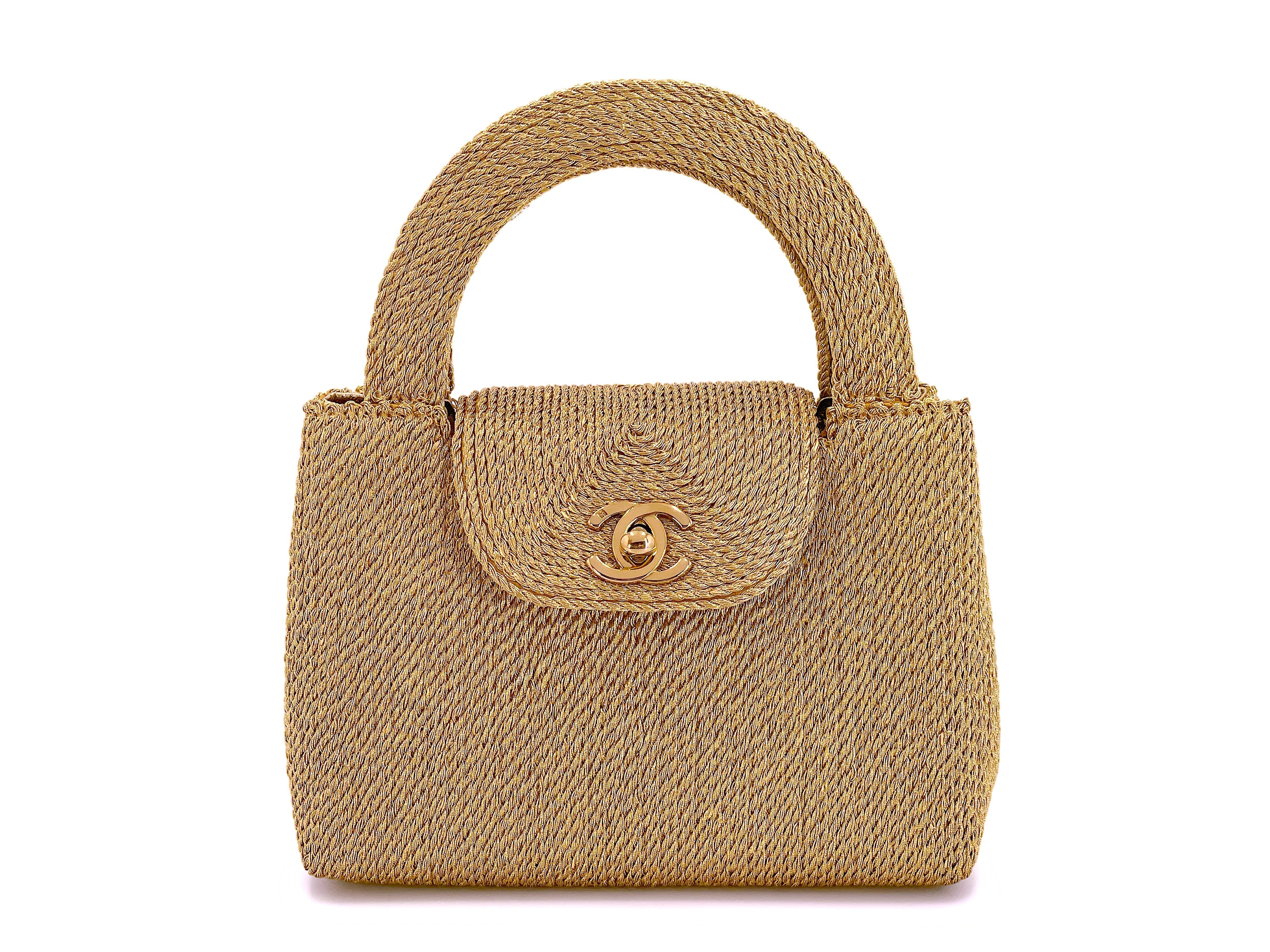 Chanel 1997 Vintage Gold Spun Raffia Micro Mini Kelly Evening Bag 24k GHW XRU