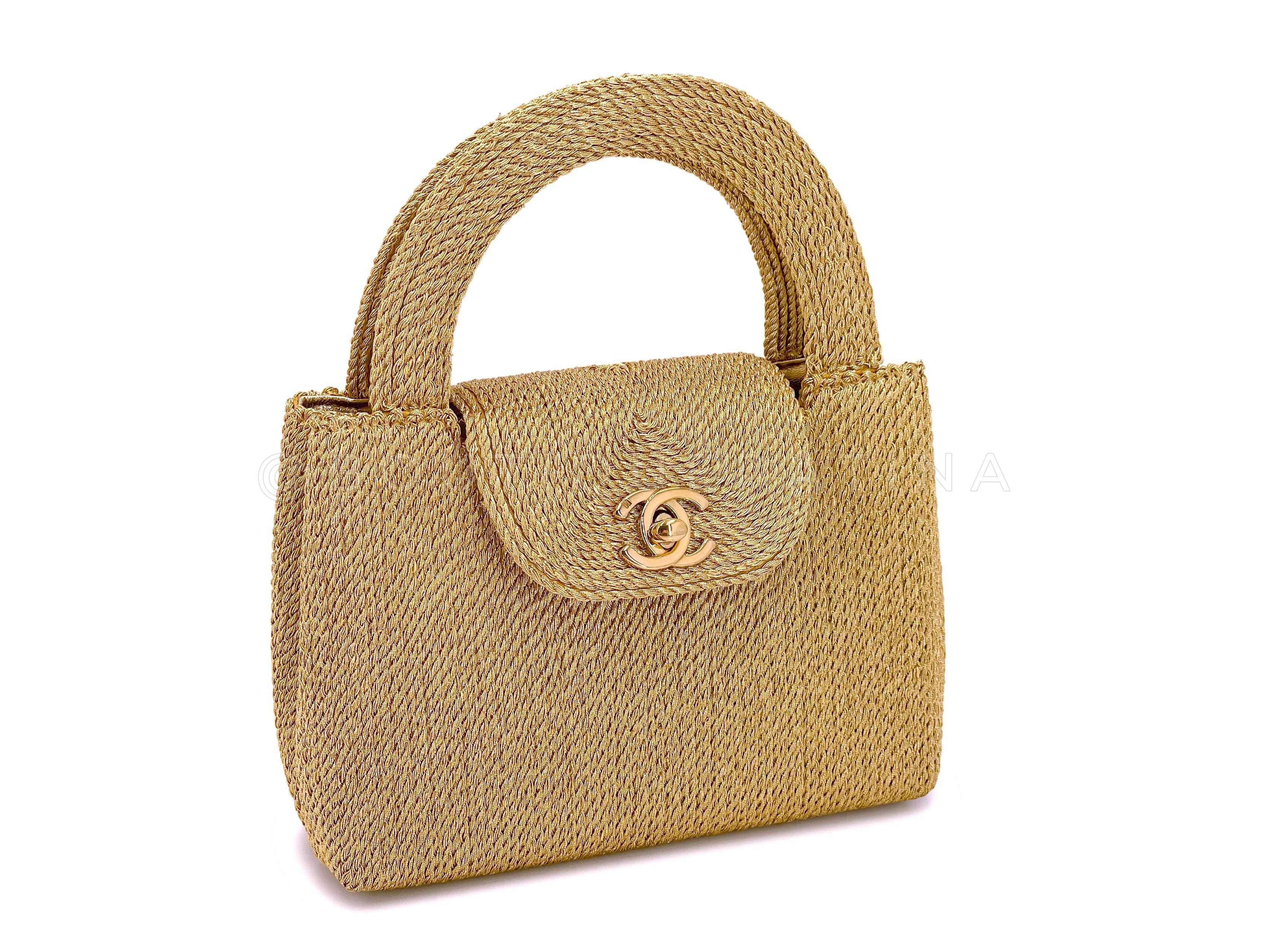 Chanel 1997 Vintage Gold Spun Raffia Micro Mini Kelly Evening Bag 24k GHW XRU