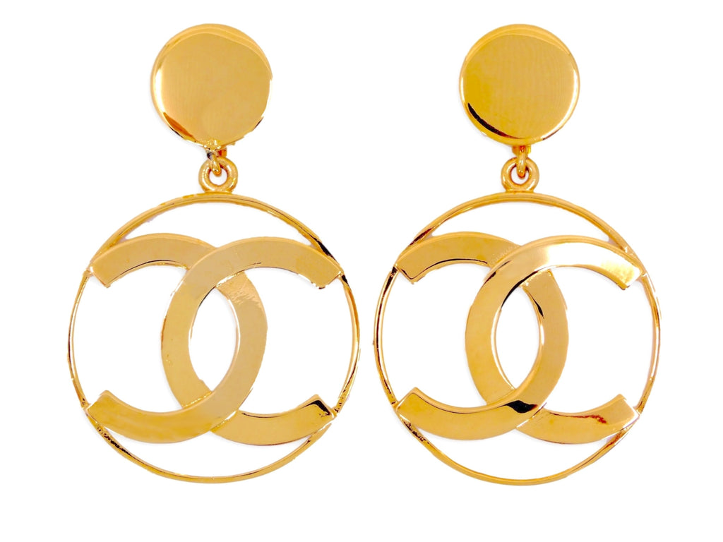 Rare Chanel Vintage 1980s CC Iconic Hoop Drop Earrings 24k GHW IRI