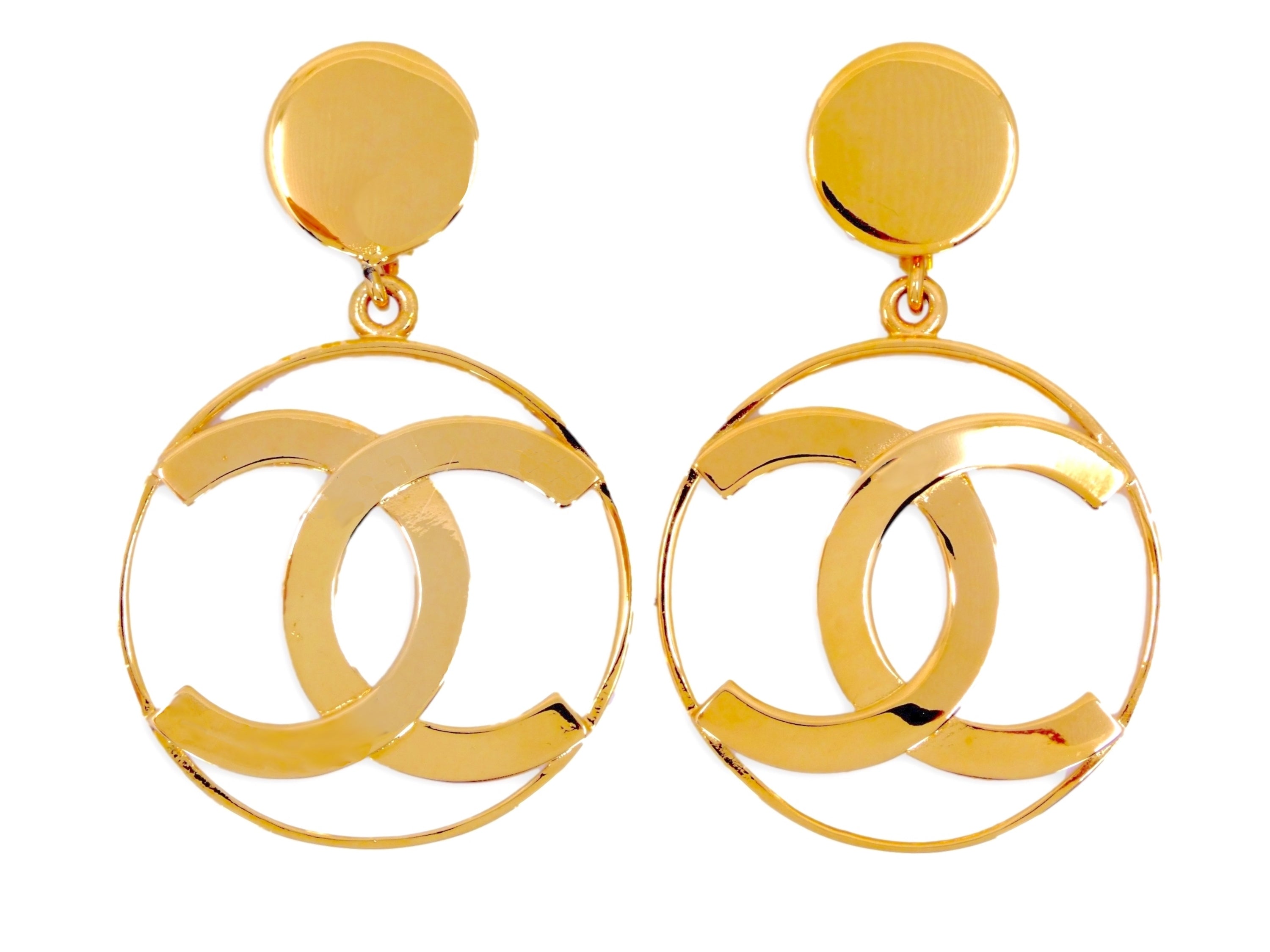 Rare Chanel Vintage 1980s CC Iconic Hoop Drop Earrings 24k GHW IRI