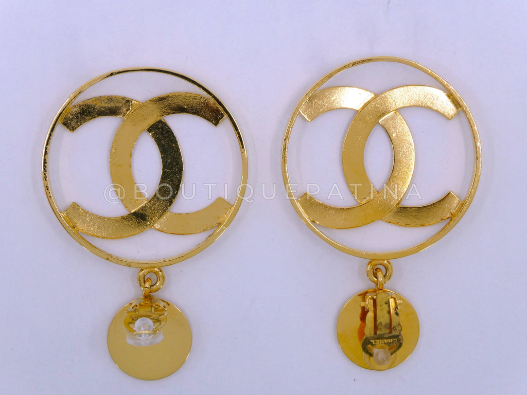 Rare Chanel Vintage 1980s CC Iconic Hoop Drop Earrings 24k GHW IRI