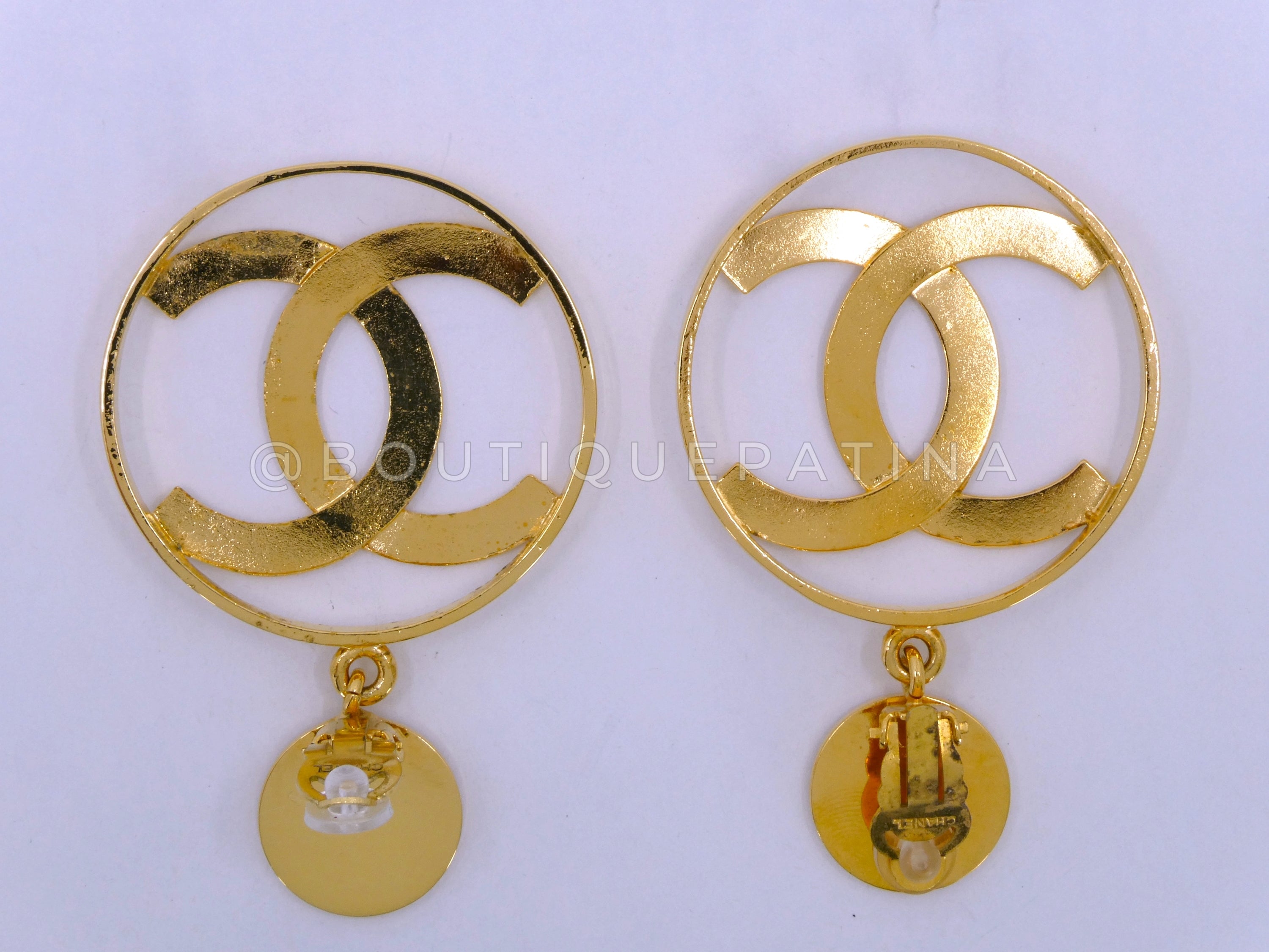 Rare Chanel Vintage 1980s CC Iconic Hoop Drop Earrings 24k GHW IRI