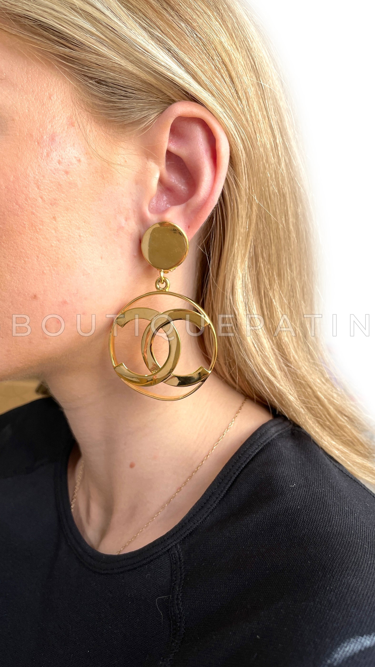 Rare Chanel Vintage 1980s CC Iconic Hoop Drop Earrings 24k GHW IRI