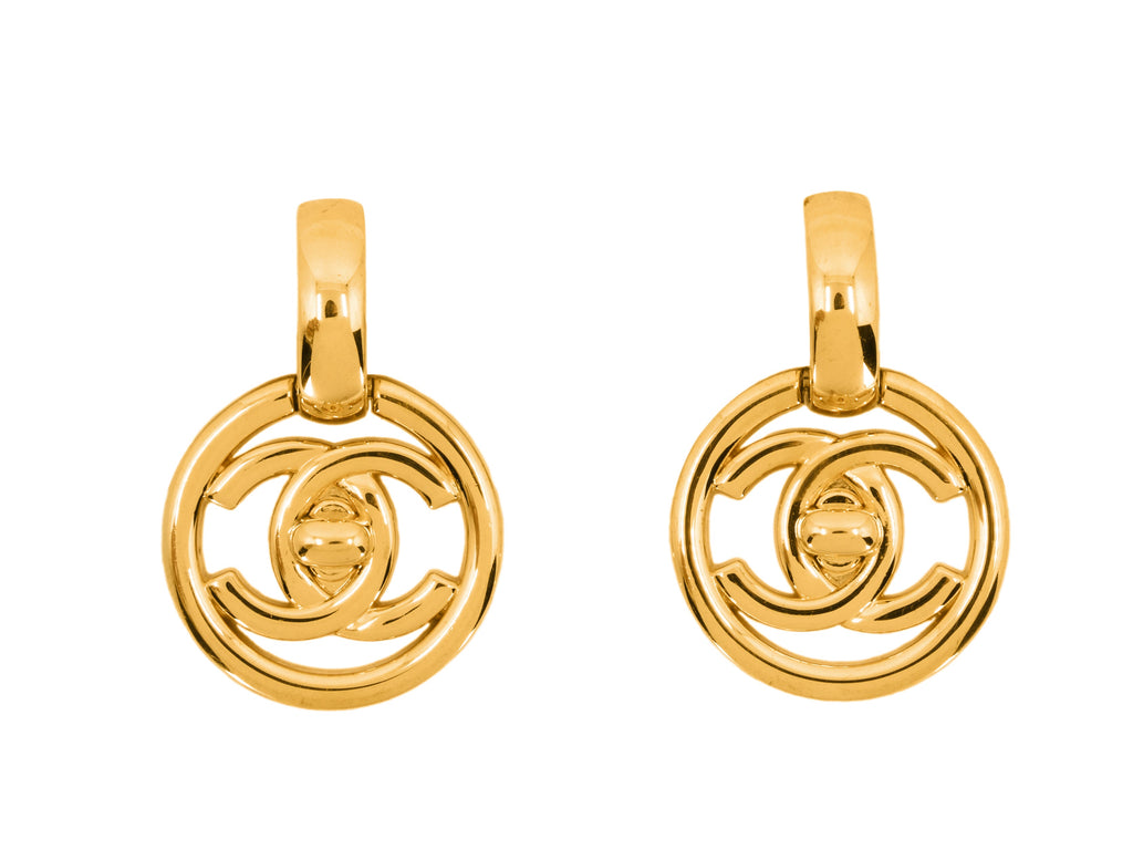 Chanel 97P Vintage Encircled Turnlock Drop Earrings 24k GHW