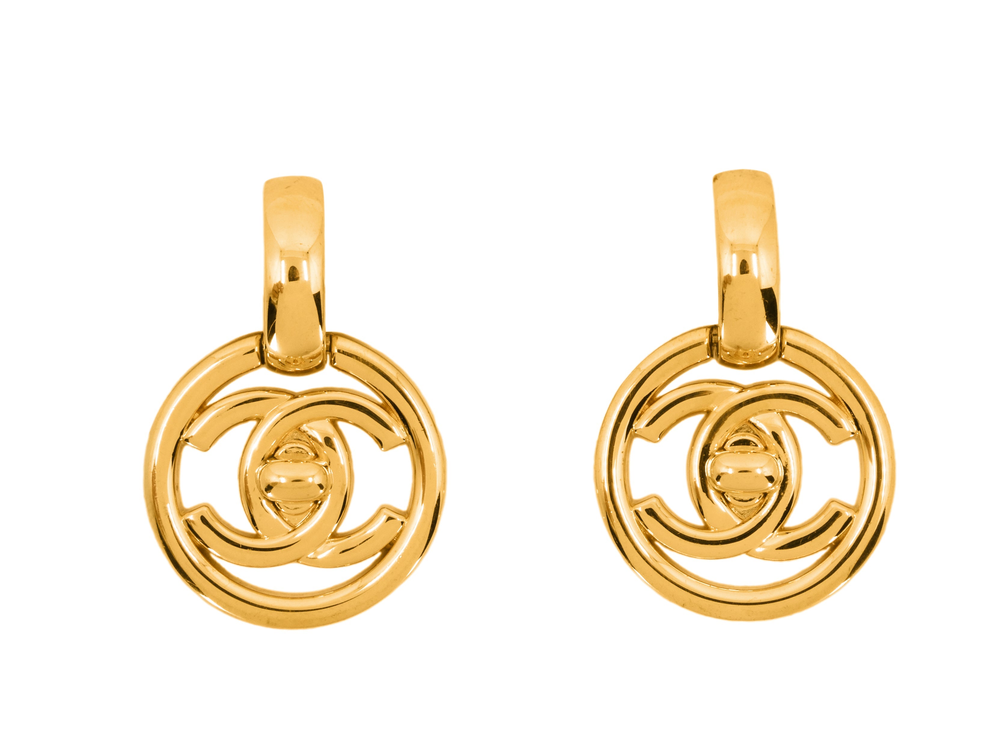 Chanel 97P Vintage Encircled Turnlock Drop Earrings 24k GHW