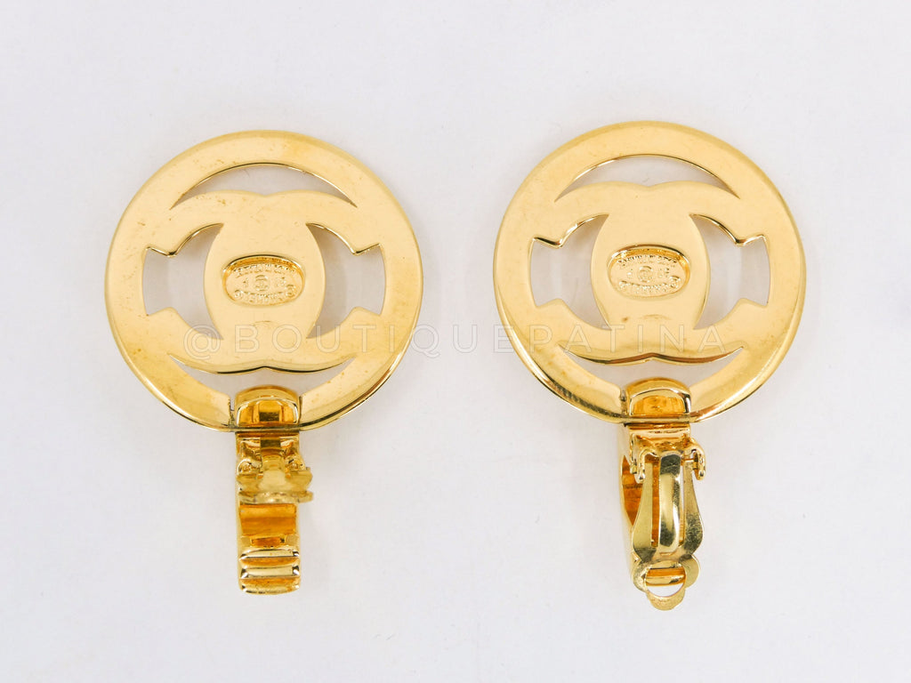 Chanel 97P Vintage Encircled Turnlock Drop Earrings 24k GHW