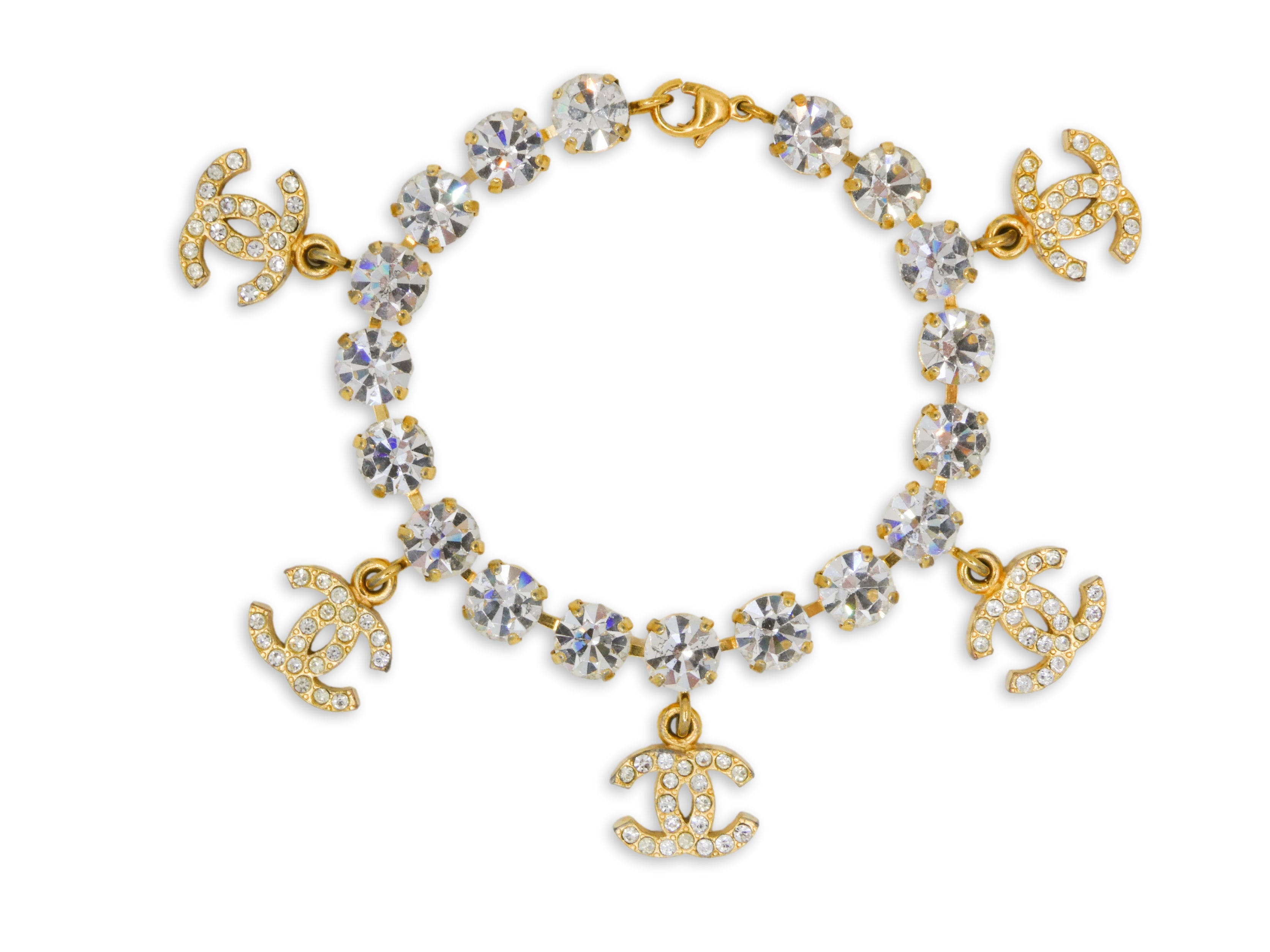 Chanel Vintage 96P "Barbie" Crystal 5-CC charm Rhinestone Bracelet