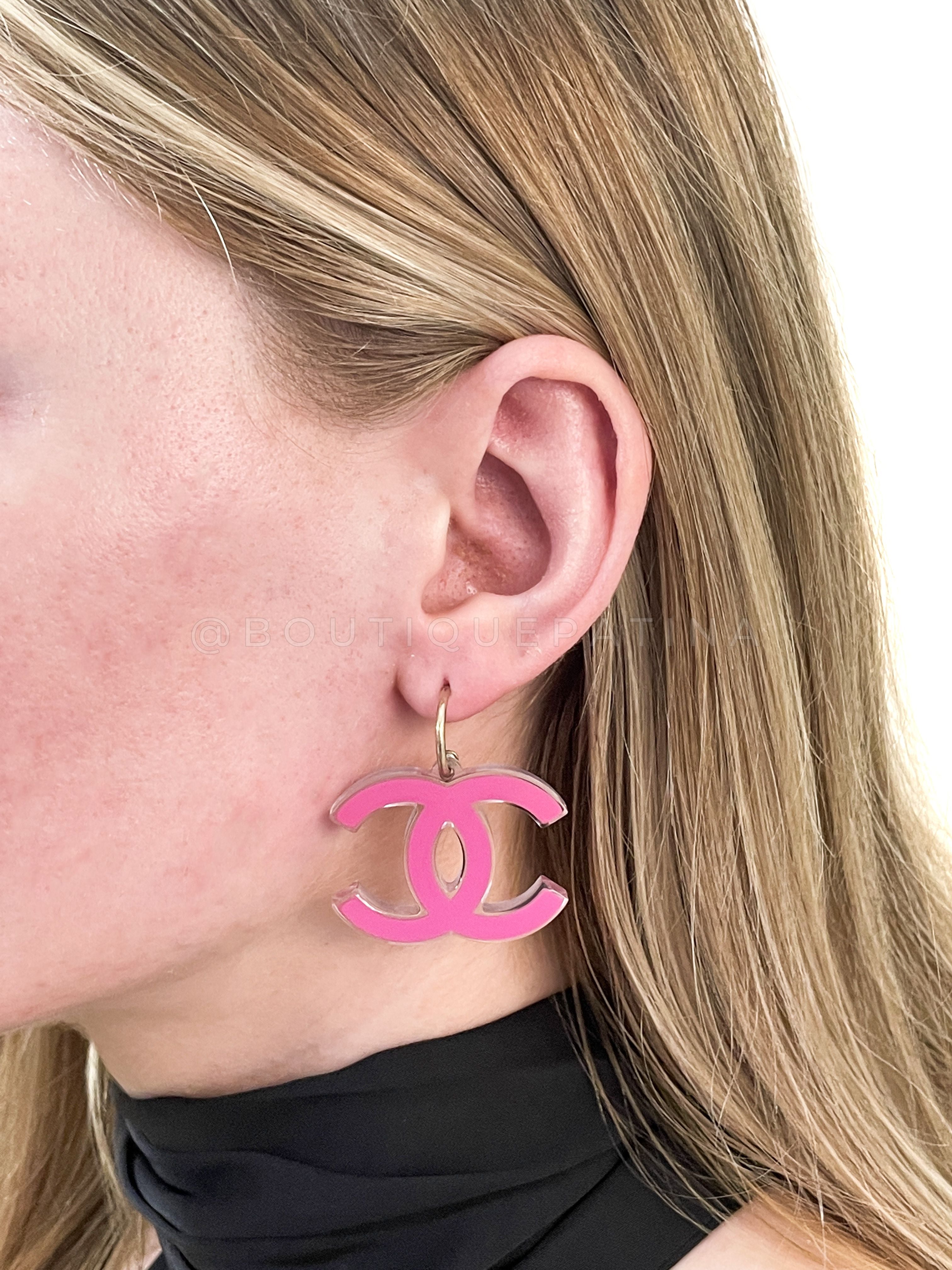 Chanel 07P Vintage Clear and Pink CC Logo Resin Drop Earrings