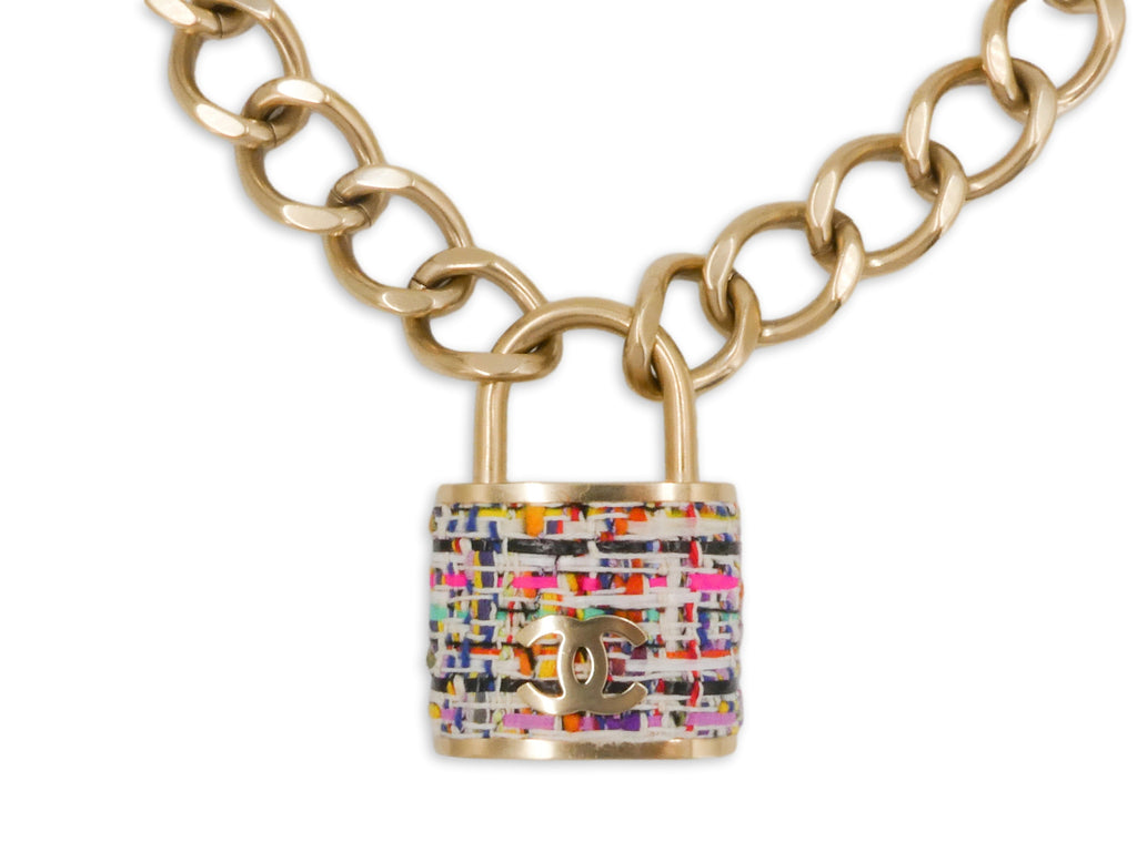 Chanel 2014 Supermarket Large Tweed Padlock Chain Necklace GHW