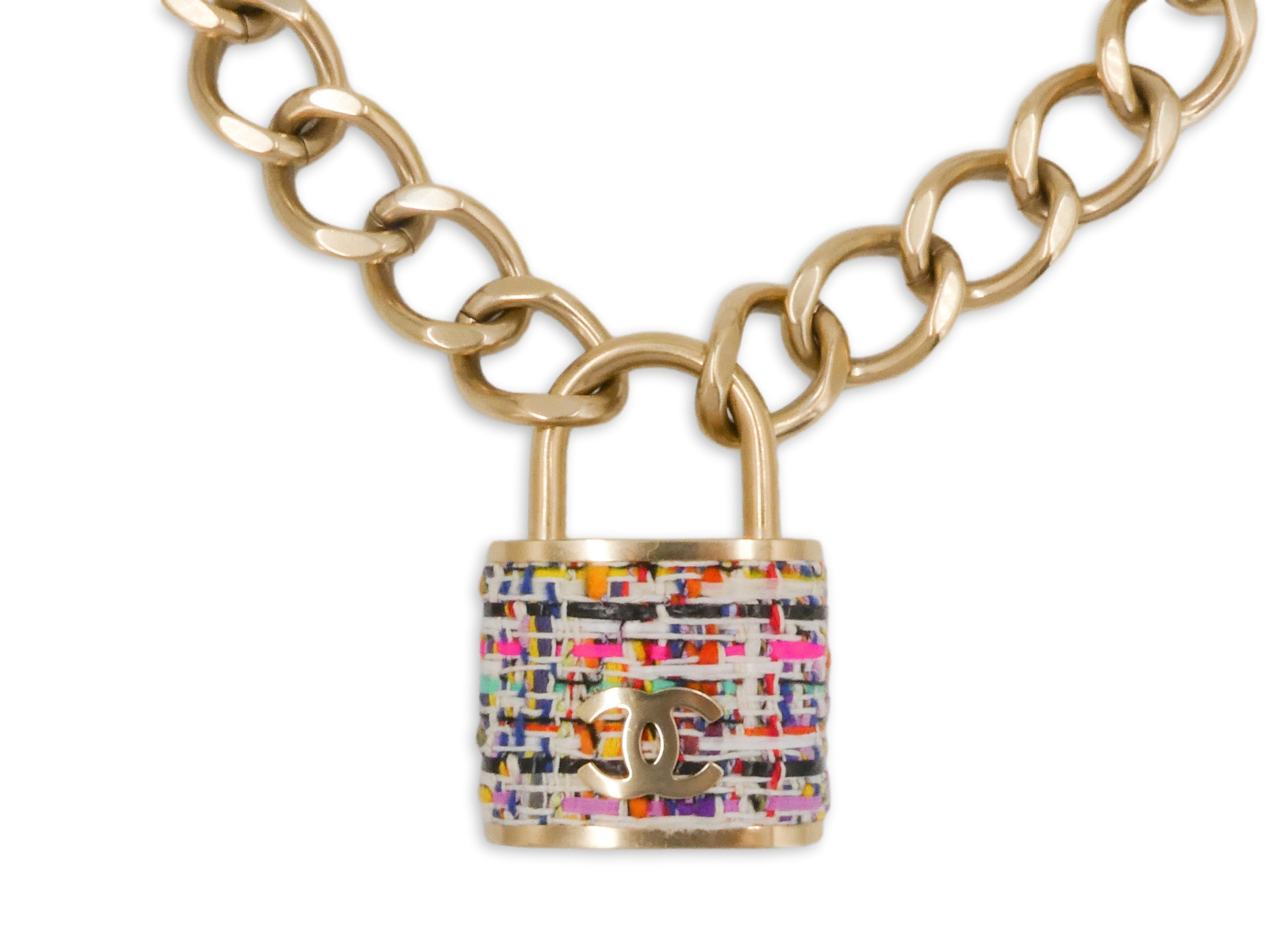 Chanel 2014 Supermarket Large Tweed Padlock Chain Necklace GHW