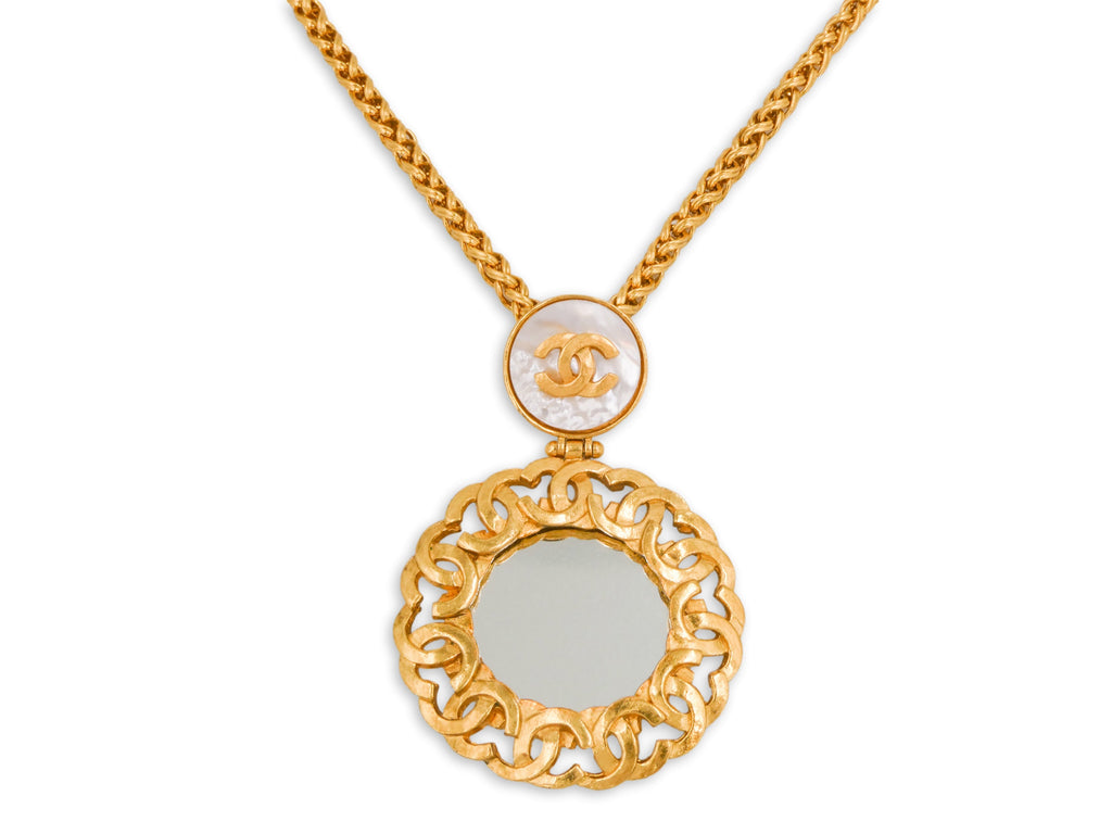 Chanel 95A Vintage Mirror Mother of Pearl Pendant Necklace