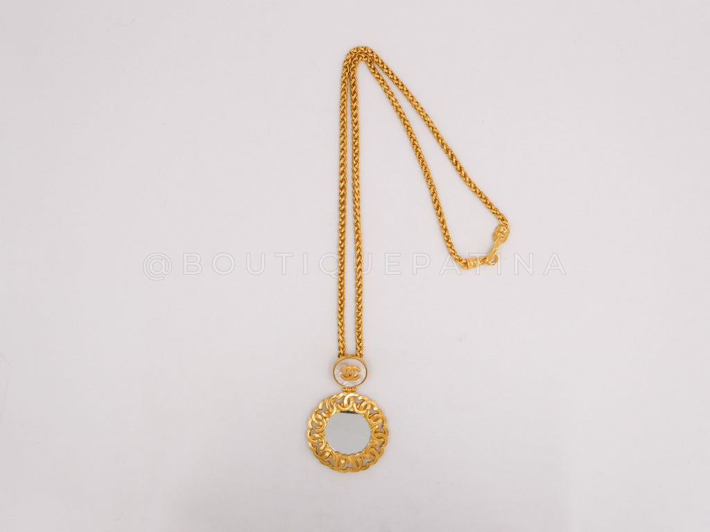 Chanel 95A Vintage Mirror Mother of Pearl Pendant Necklace