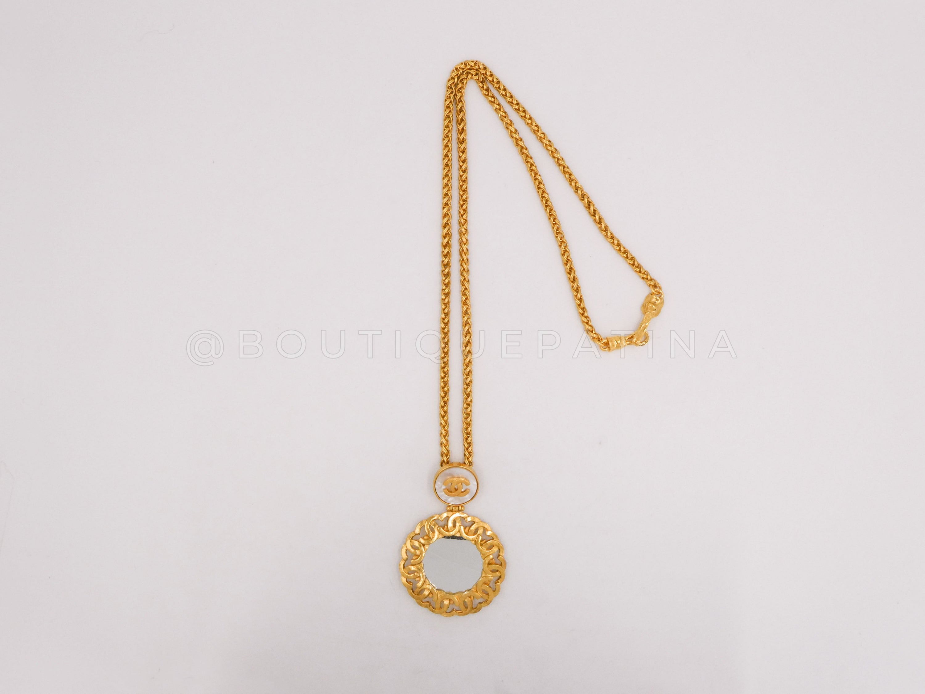Chanel 95A Vintage Mirror Mother of Pearl Pendant Necklace