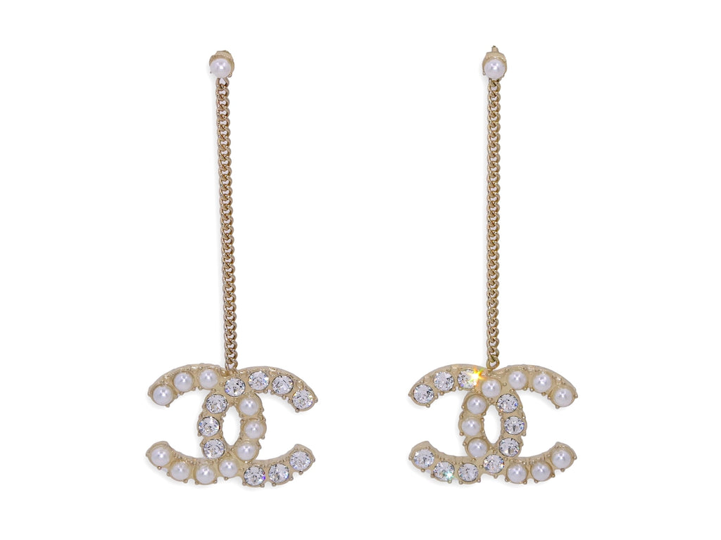 Chanel 20B CC Crystal and Pearl Drop Earrings JF4