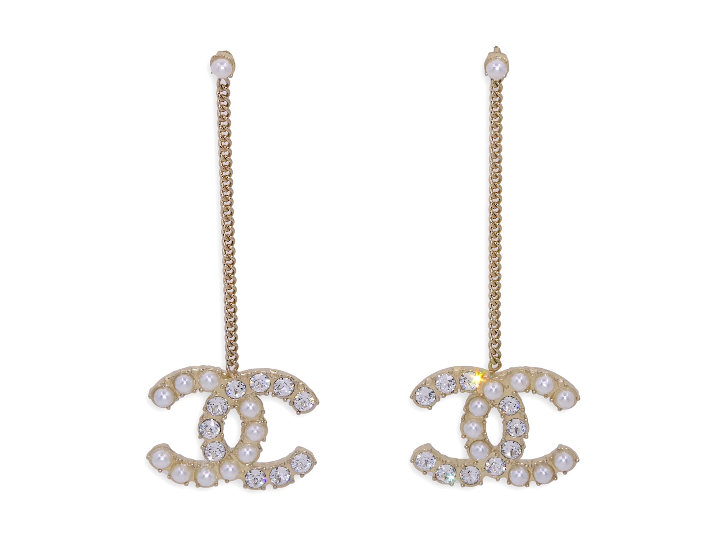 Chanel 20B CC Crystal and Pearl Drop Earrings JF4