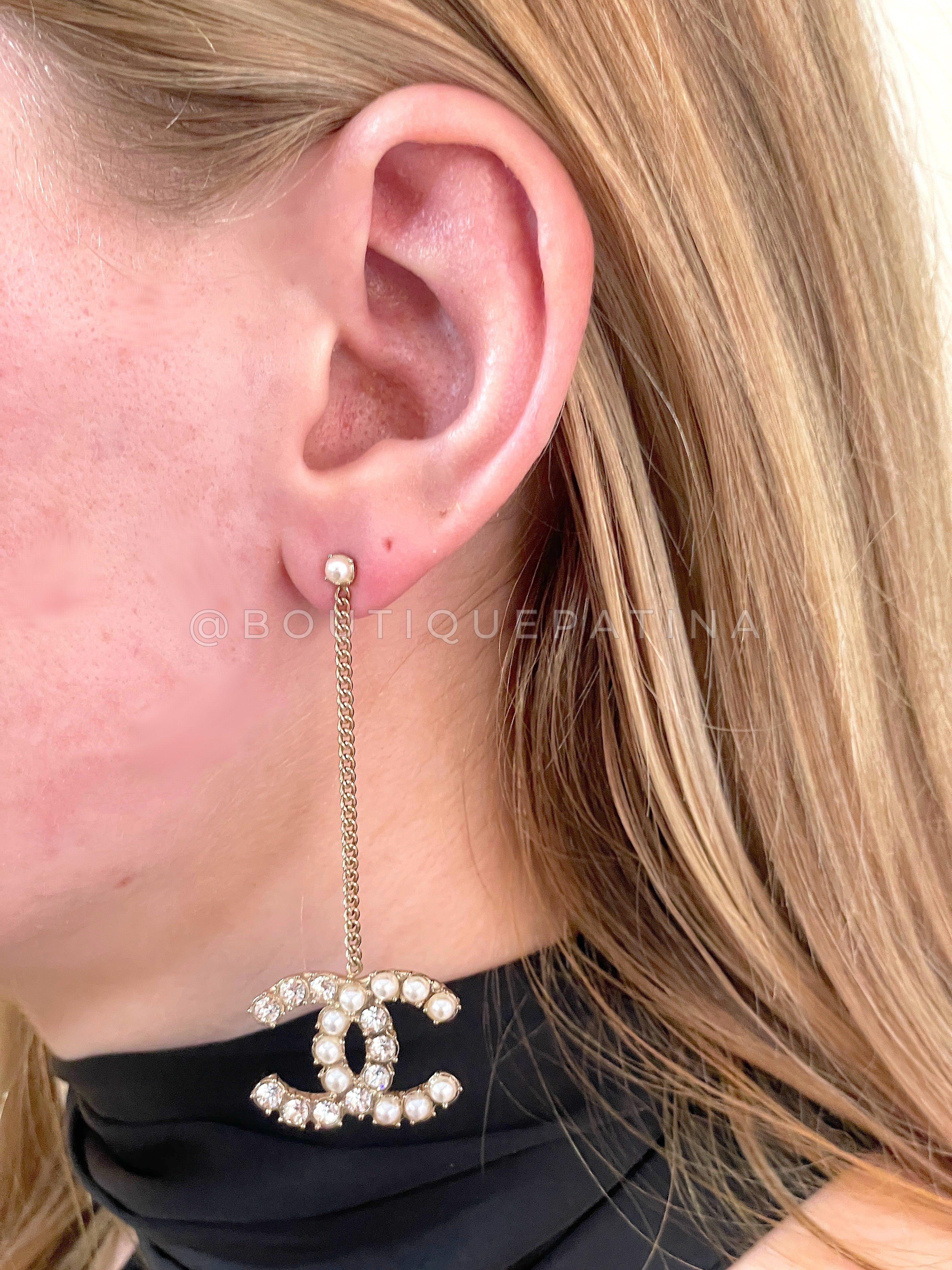 Chanel 20B CC Crystal and Pearl Drop Earrings JF4