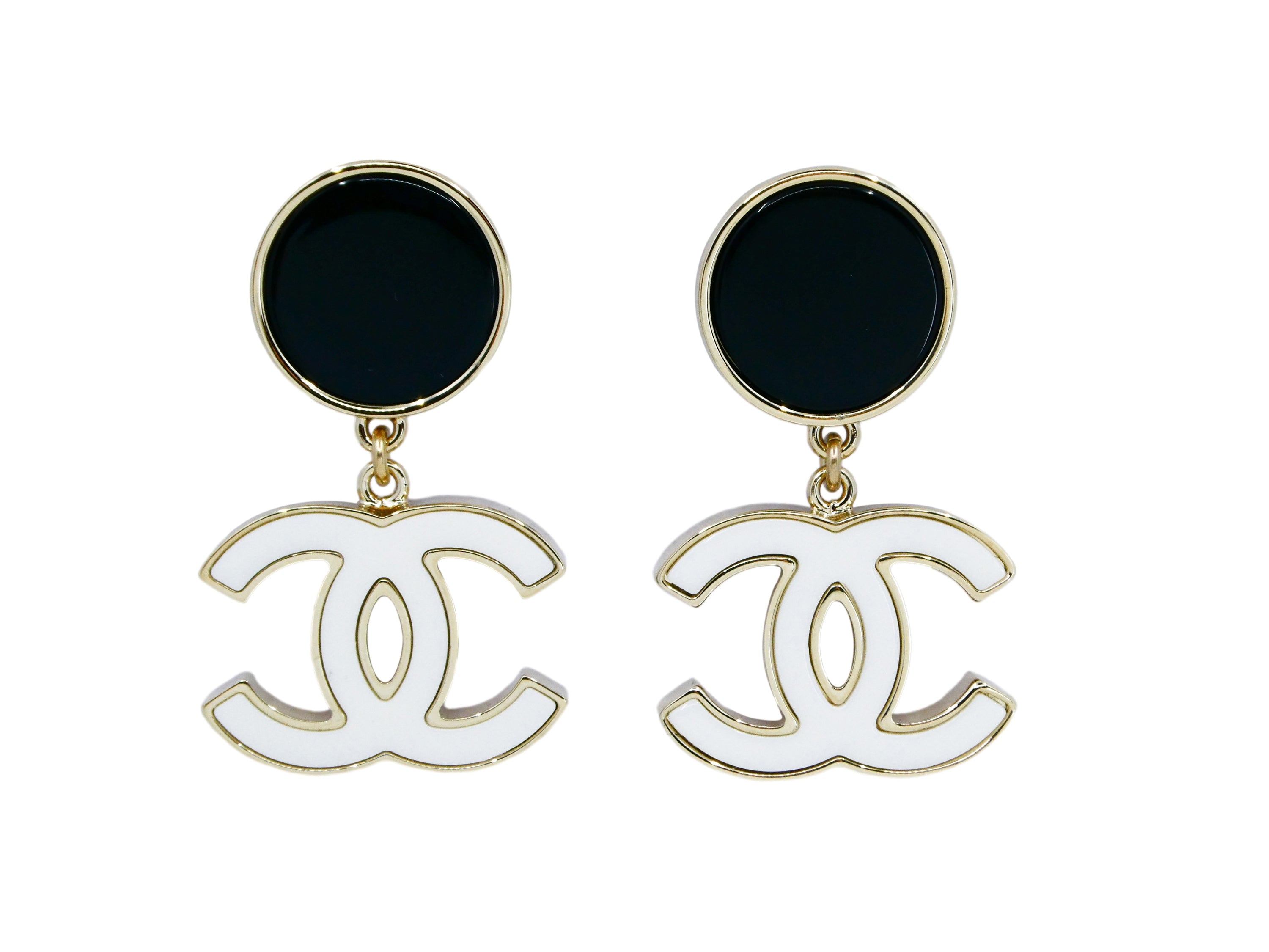 NIB Chanel 23C CC Logo Enamel Drop Earrings Black White