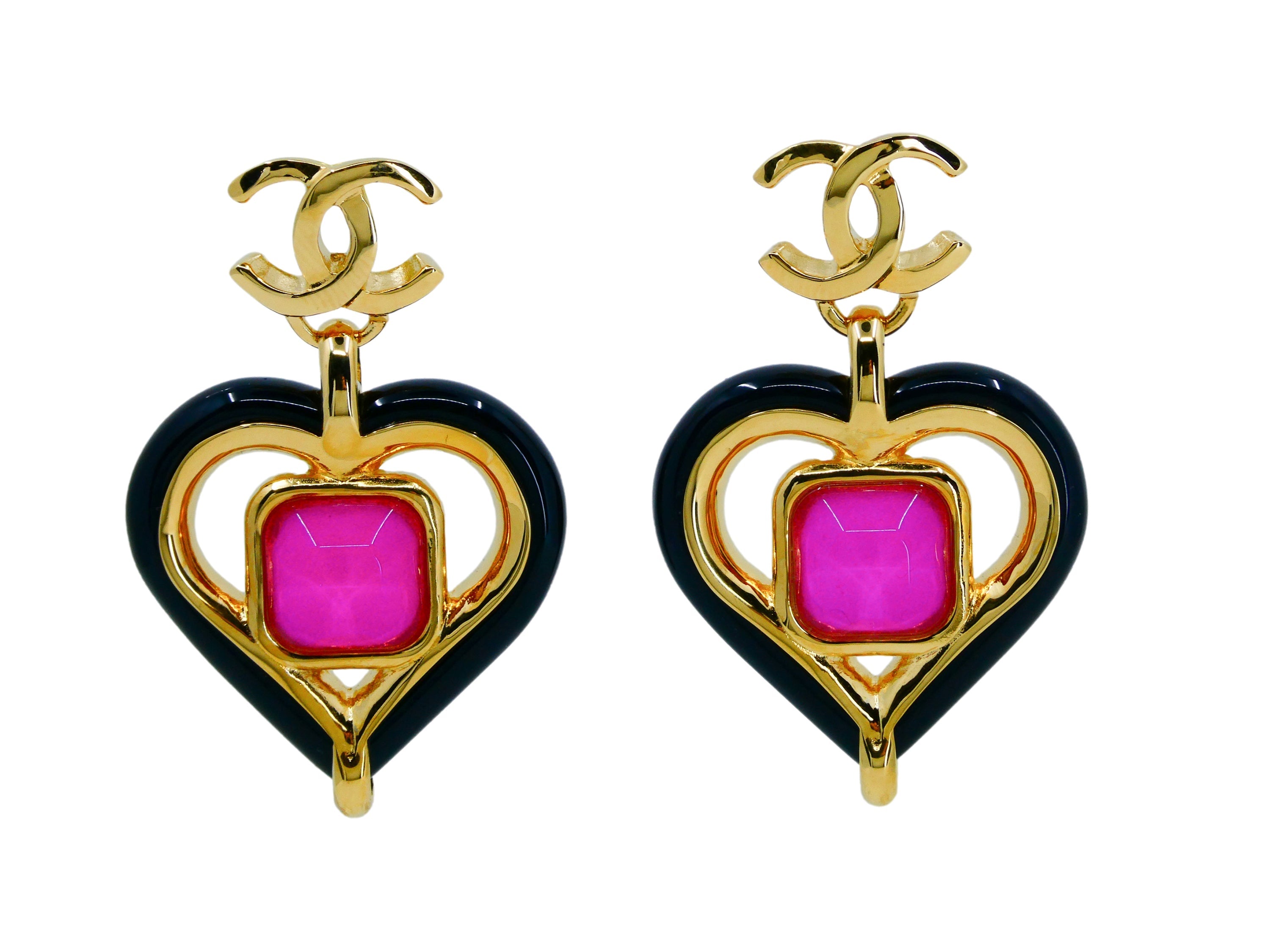 Chanel 23C Black and Pink Heart Drop Earrings