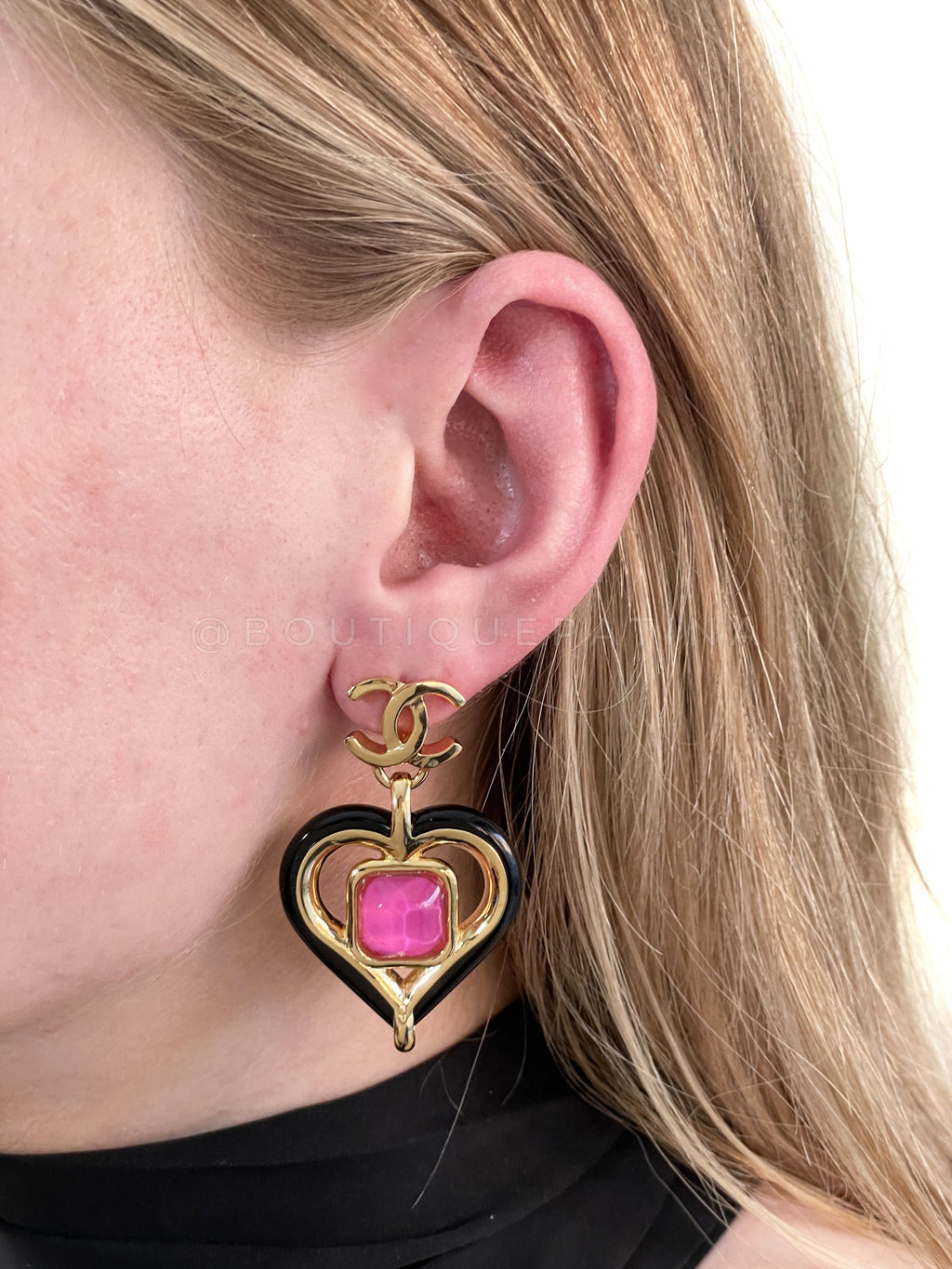 Chanel 23C Black and Pink Heart Drop Earrings