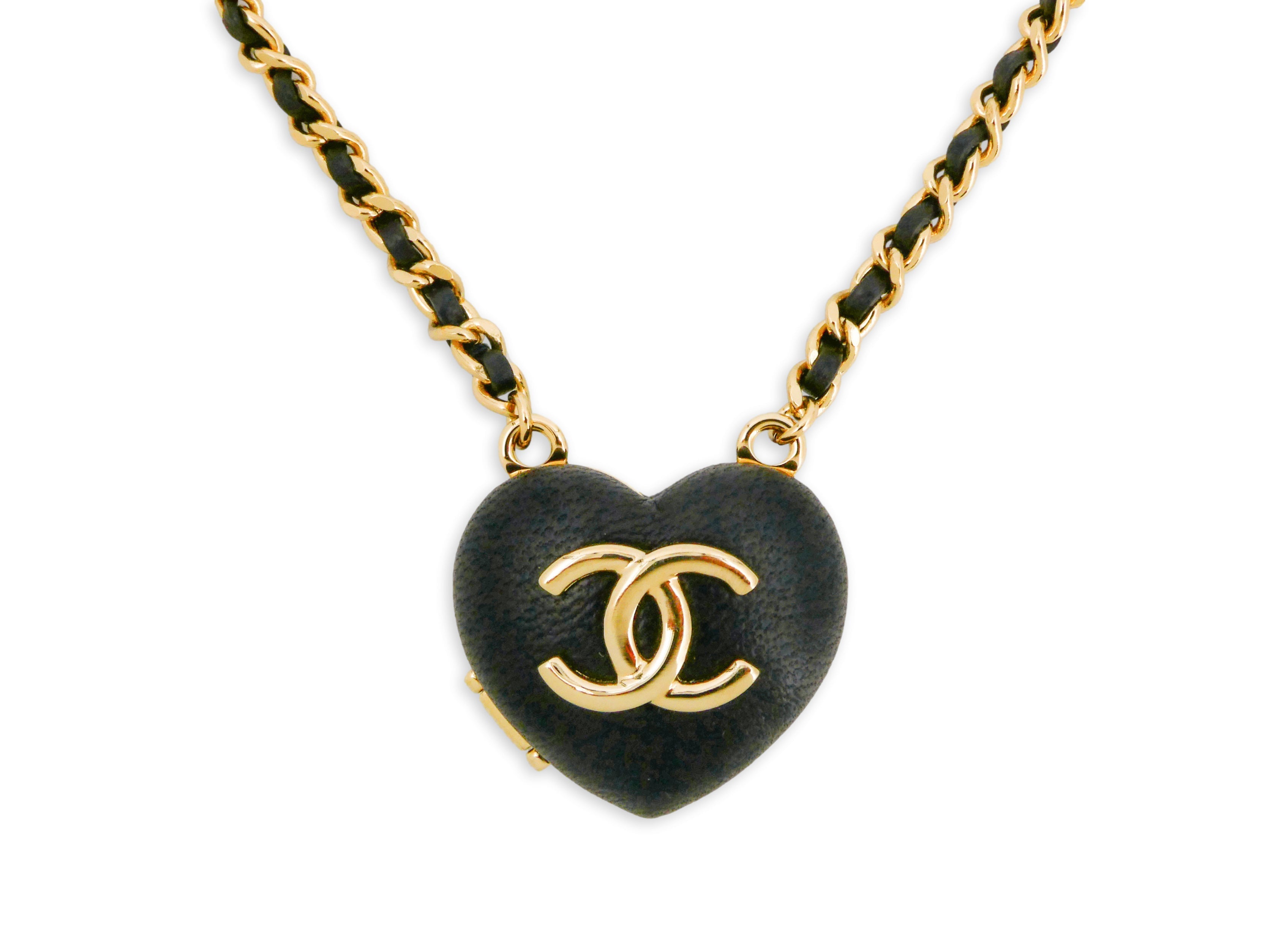 NIB Chanel 22K Black Leather Heart Mirror Locket Woven Chain Necklace JA6