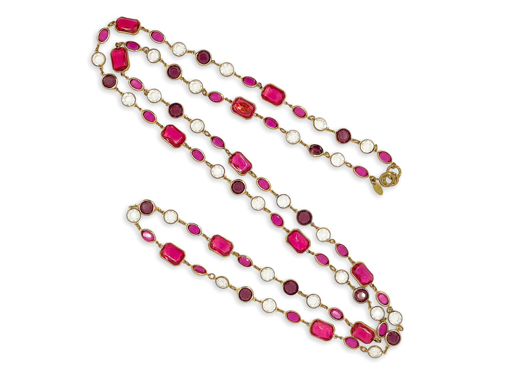 Chanel 1984 Vintage Pink Violet and White Chicklet Sautoir Crystal Necklace