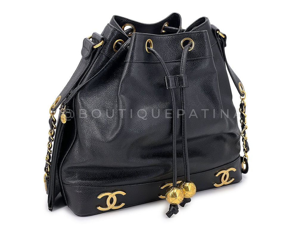 Chanel 1994 Vintage Black Caviar 6-CC Drawstring Bucket Bag 24k GHW