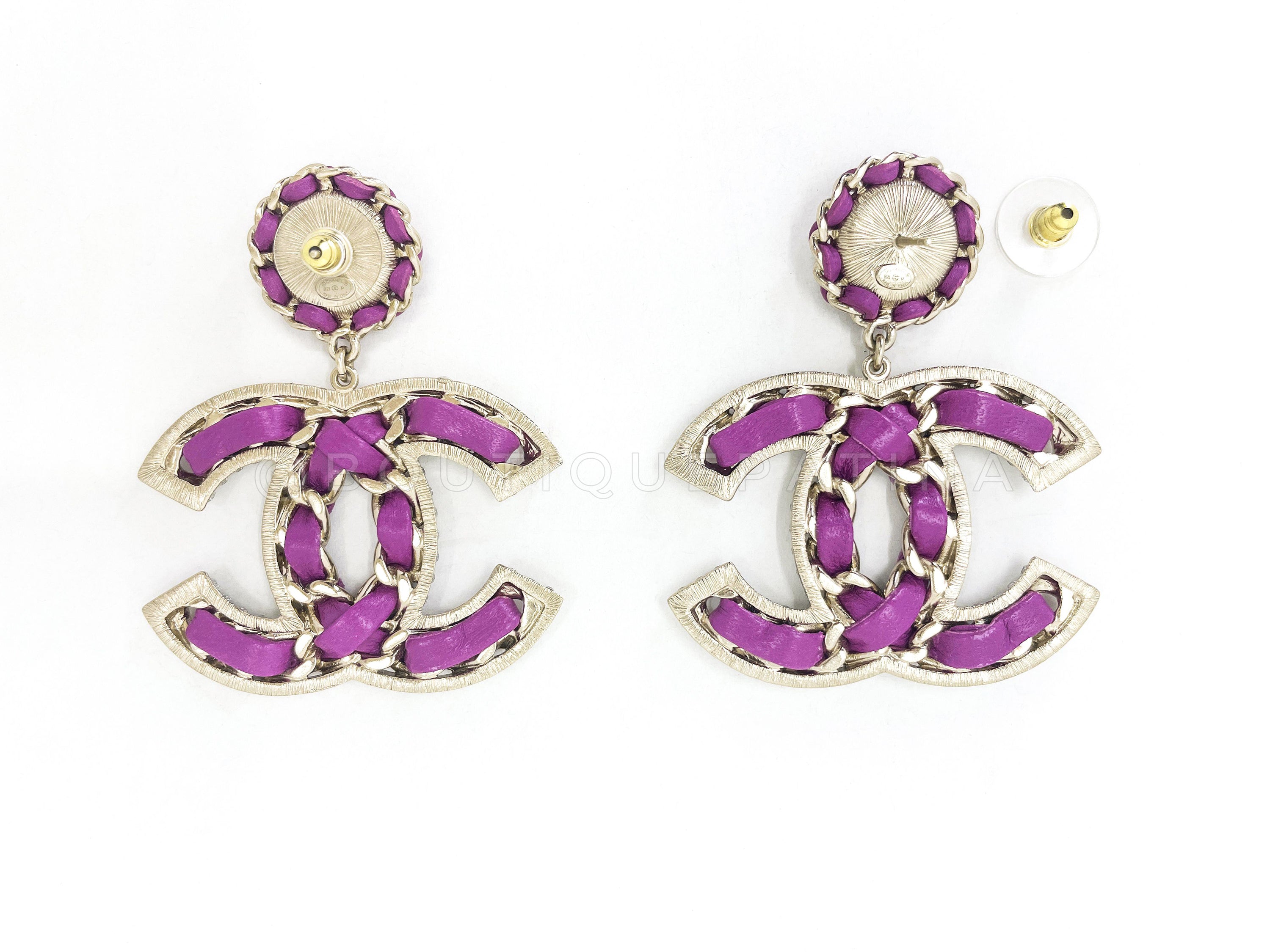 Chanel 21P Magenta Pink, Gold and Pearl CC Drop Earrings