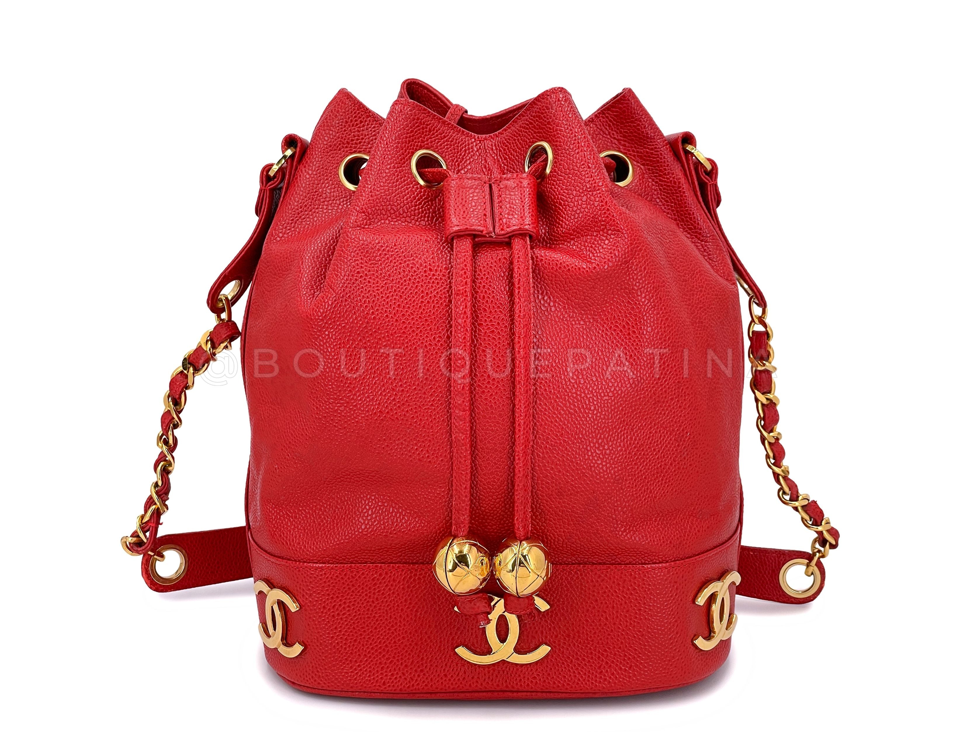 Chanel 1994 Vintage Red Caviar Bucket Bag Drawstring 24k GHW