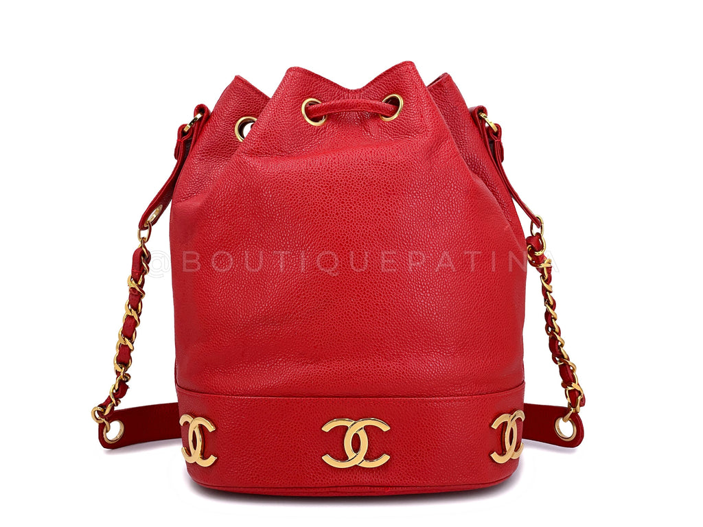 Chanel 1994 Vintage Red Caviar Bucket Bag Drawstring 24k GHW
