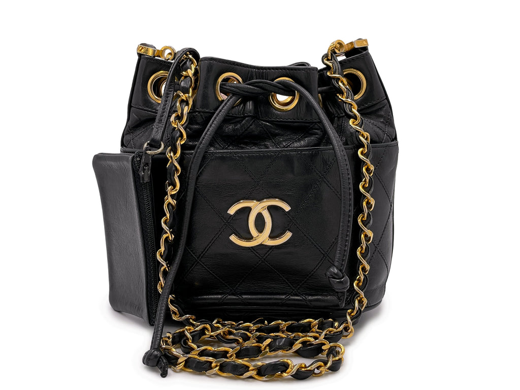 Rare Chanel Vintage 1987 Miniature Drawstring Mini Bucket Bag 24k GHW Black WX9