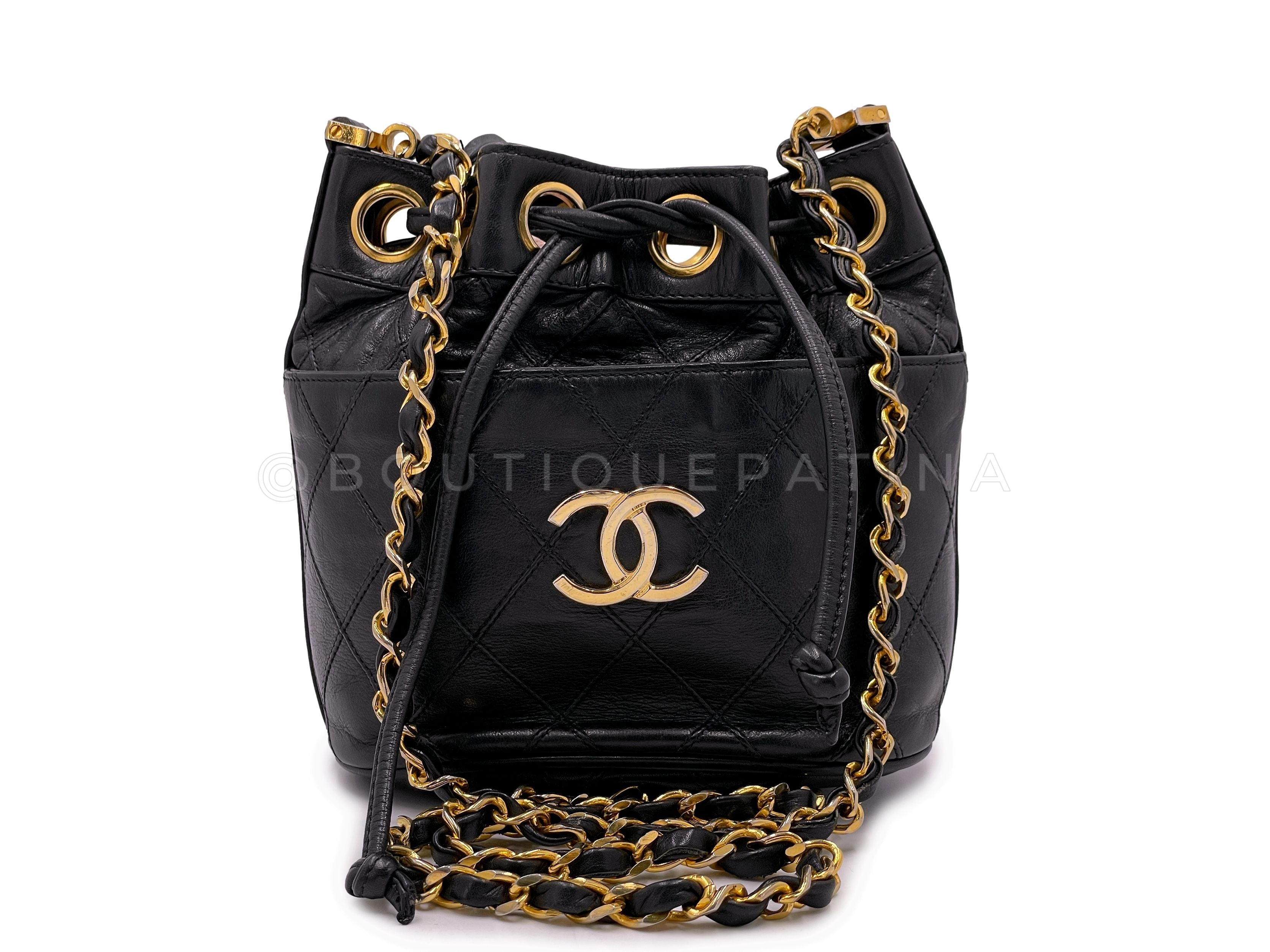 Rare Chanel Vintage 1987 Miniature Drawstring Mini Bucket Bag 24k GHW Black WX9