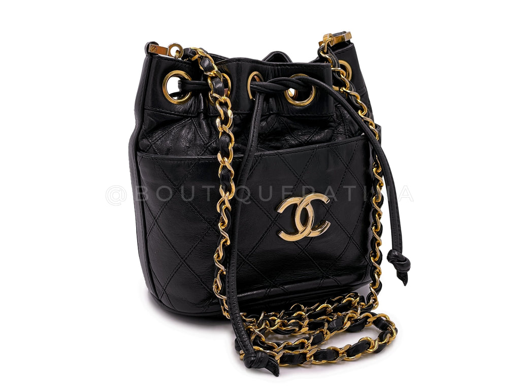 Rare Chanel Vintage 1987 Miniature Drawstring Mini Bucket Bag 24k GHW Black WX9