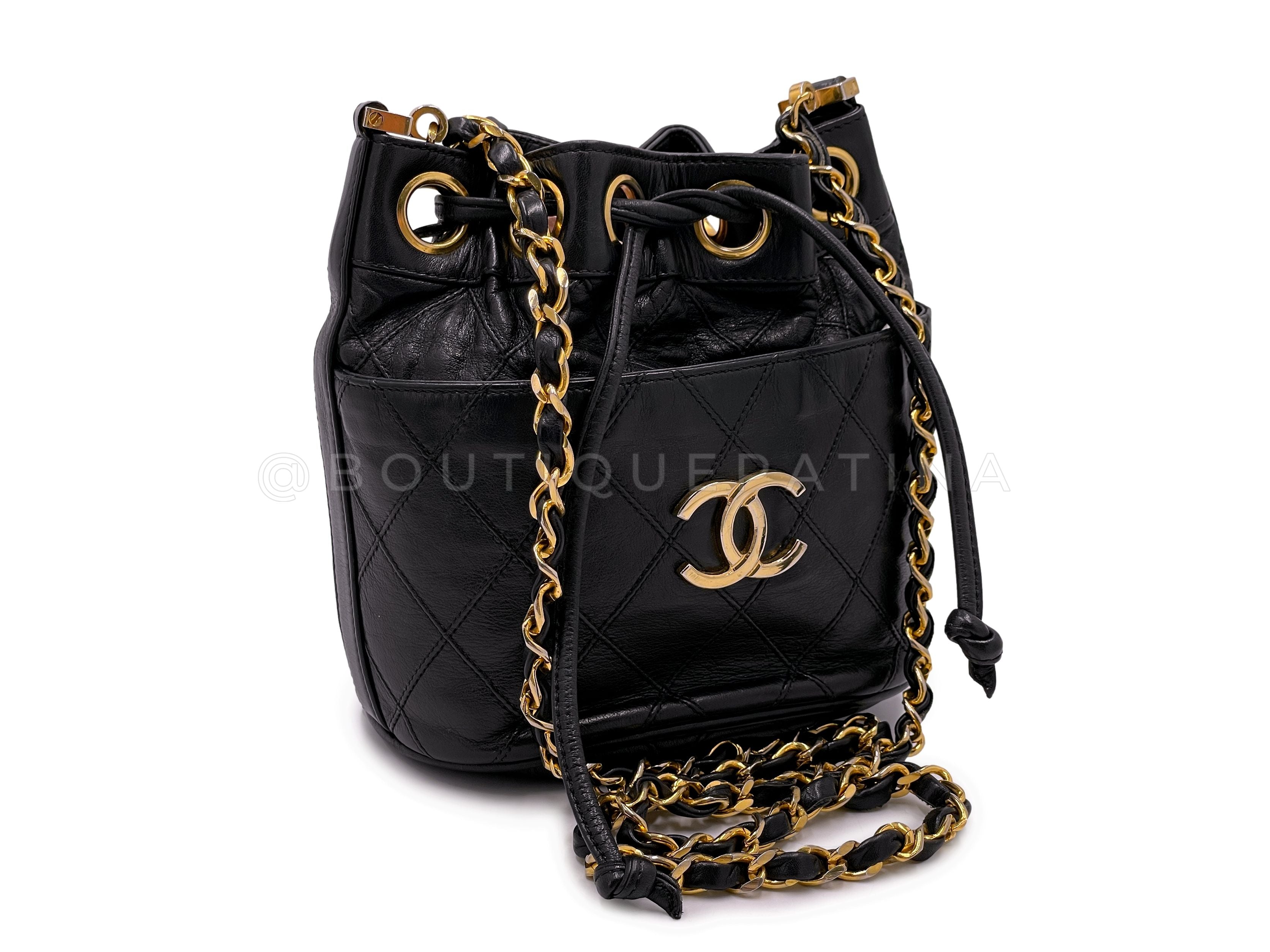 Rare Chanel Vintage 1987 Miniature Drawstring Mini Bucket Bag 24k GHW Black WX9