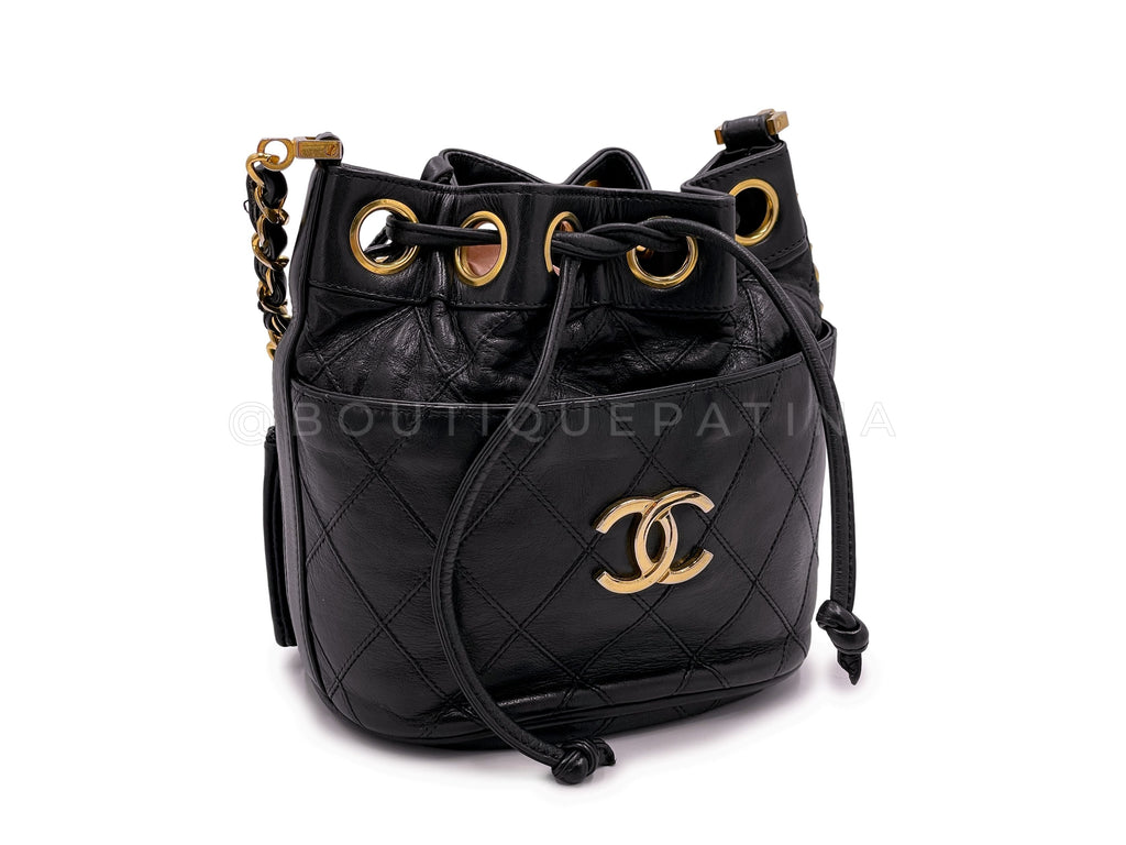 Rare Chanel Vintage 1987 Miniature Drawstring Mini Bucket Bag 24k GHW Black WX9