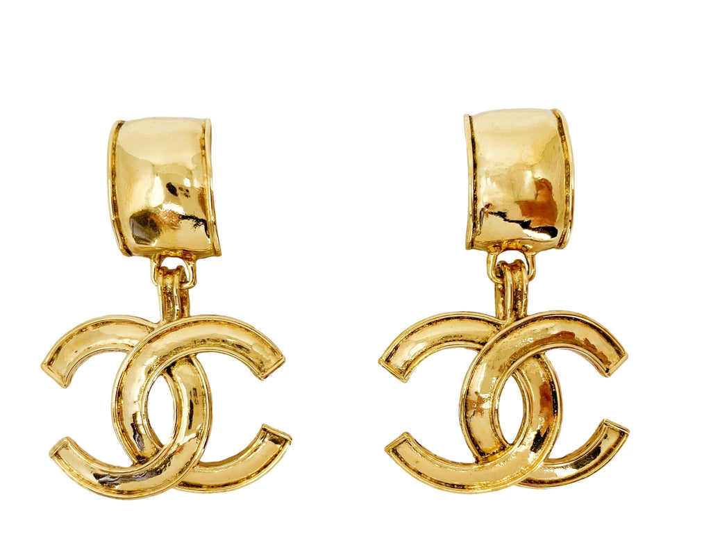 Chanel Vintage Large CC Logo Drop Earrings 94P Statement 24k GHW NVL
