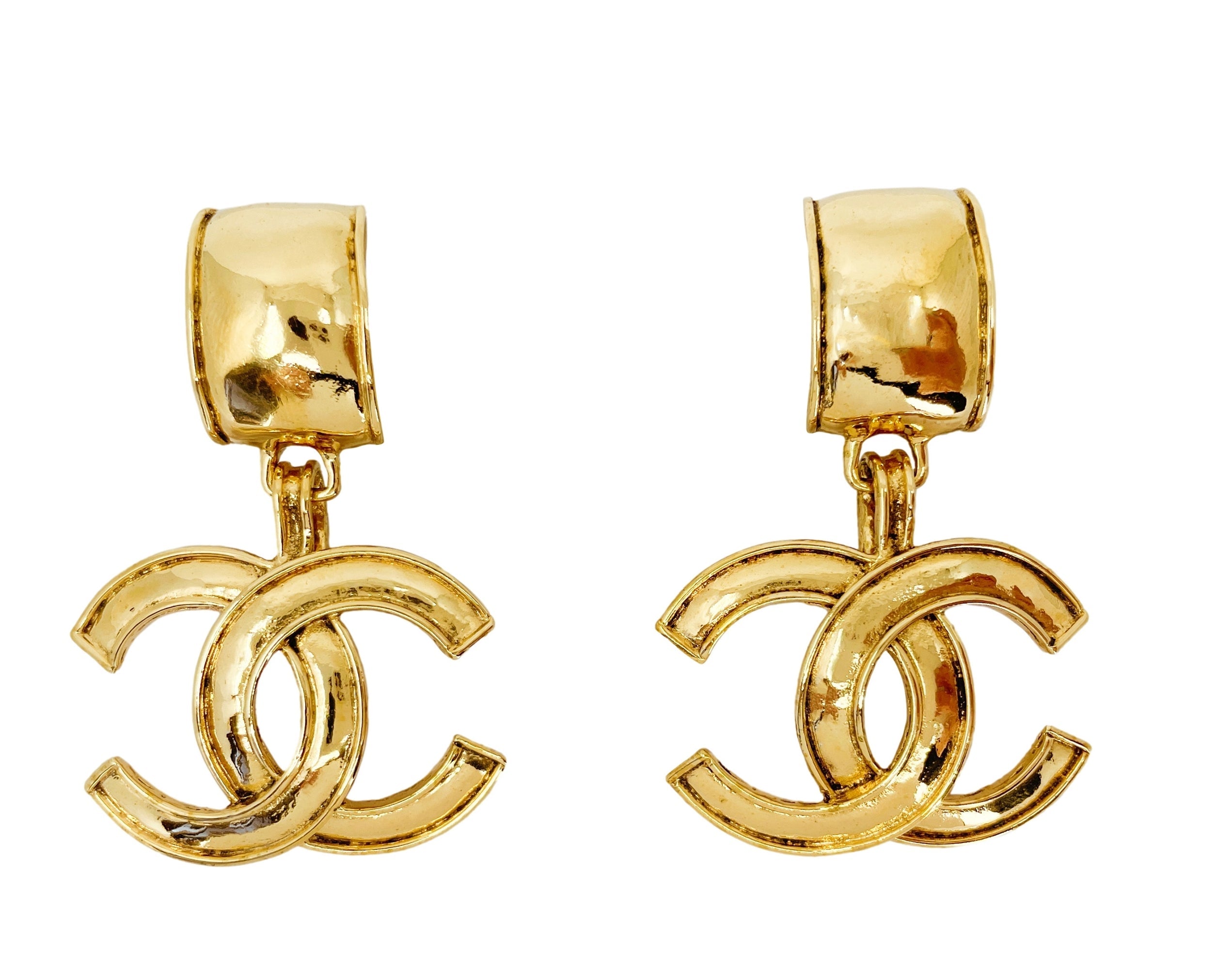 Chanel Vintage Large CC Logo Drop Earrings 94P Statement 24k GHW NVL