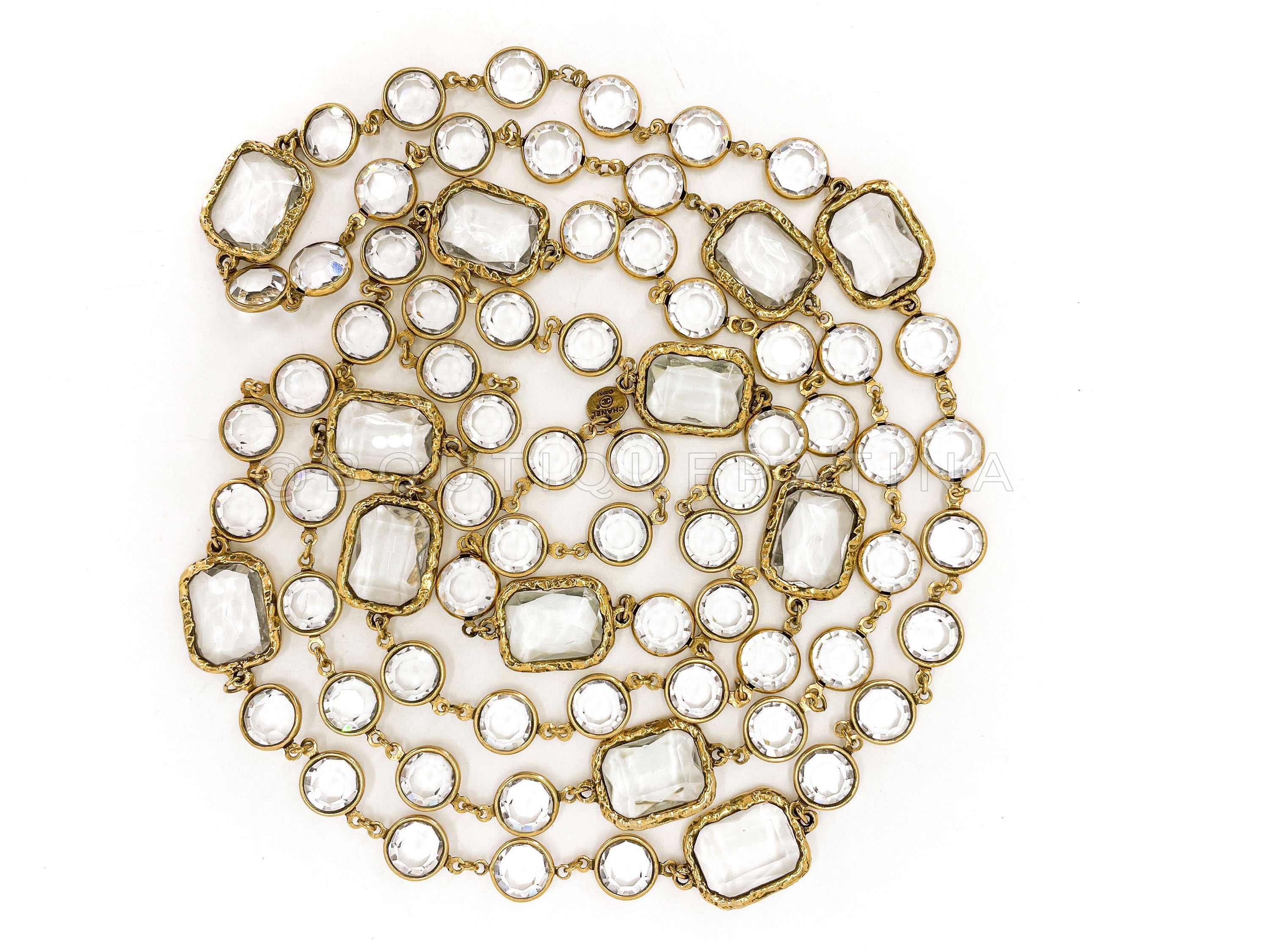 Chanel Vintage Chicklet Necklace 1981 Clear White Crystal Sautoir Station Strand