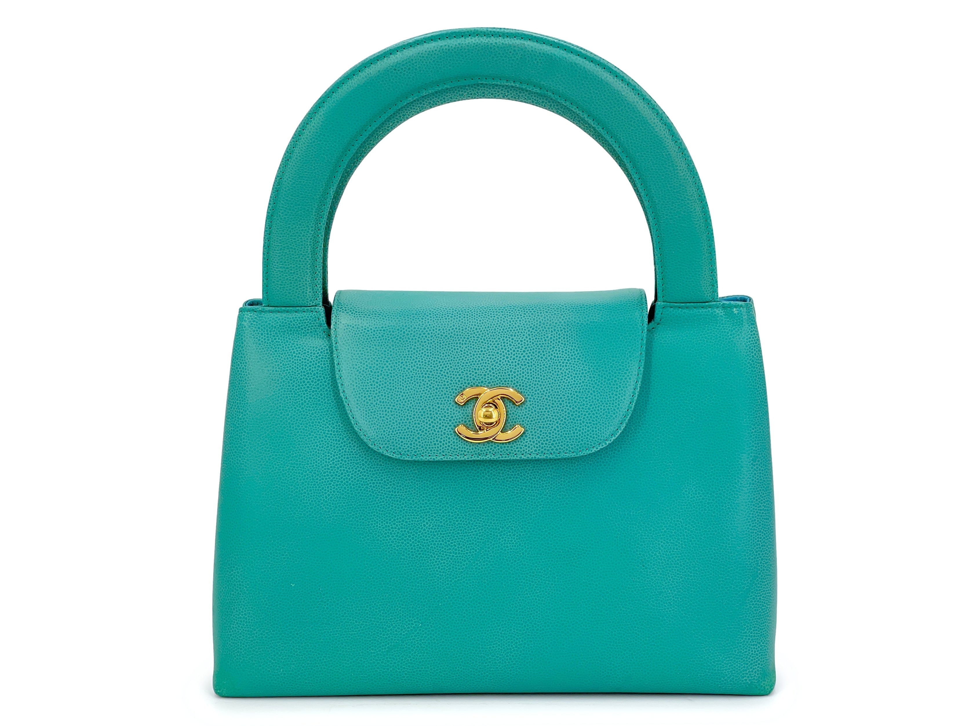 Rare Chanel 1997 Vintage Turquoise Green Caviar Mini Kelly Bag 24k GHW YGM