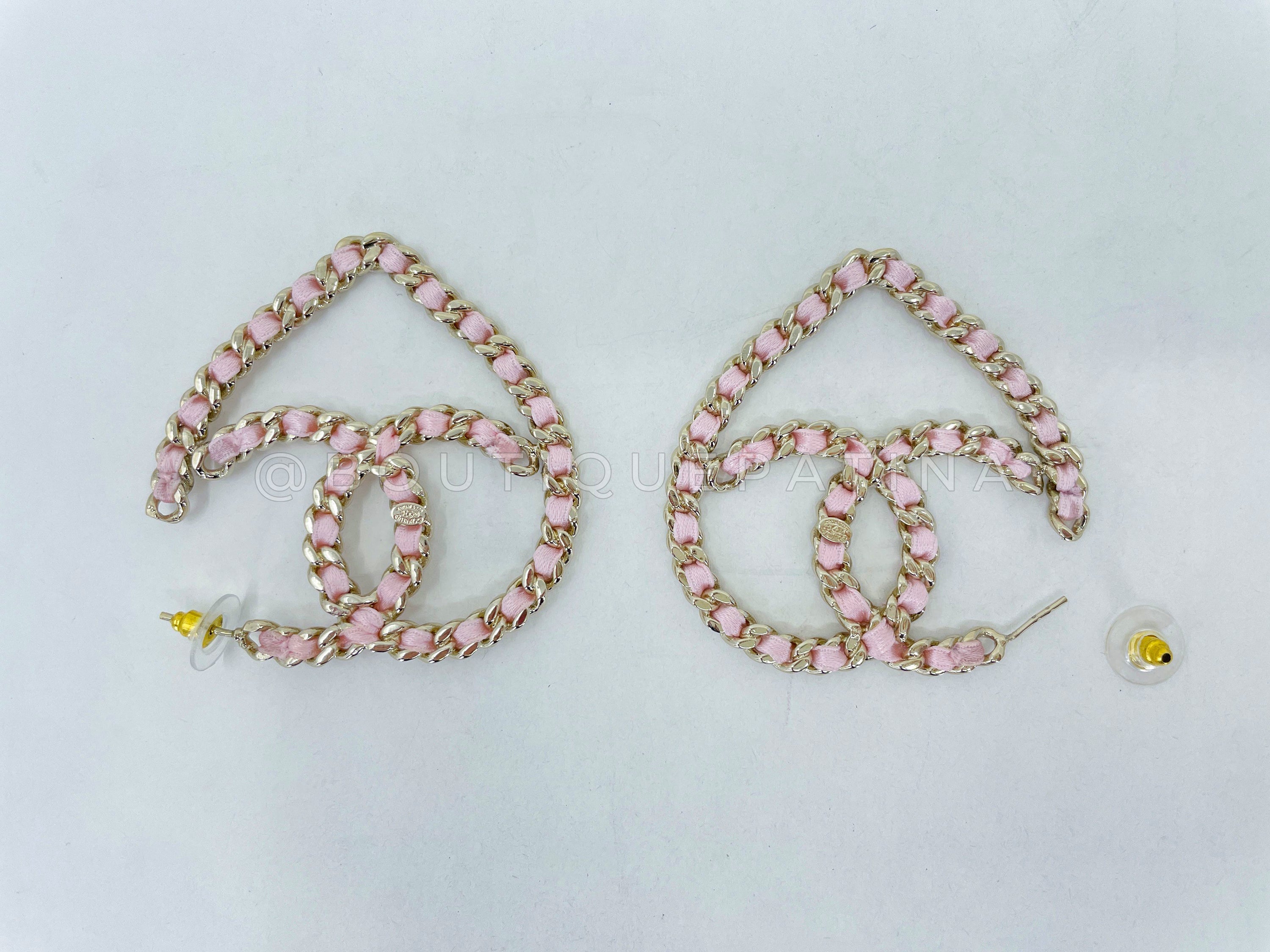 Chanel 09C Pink Woven Chain CC Logo Heart Hoop Earrings