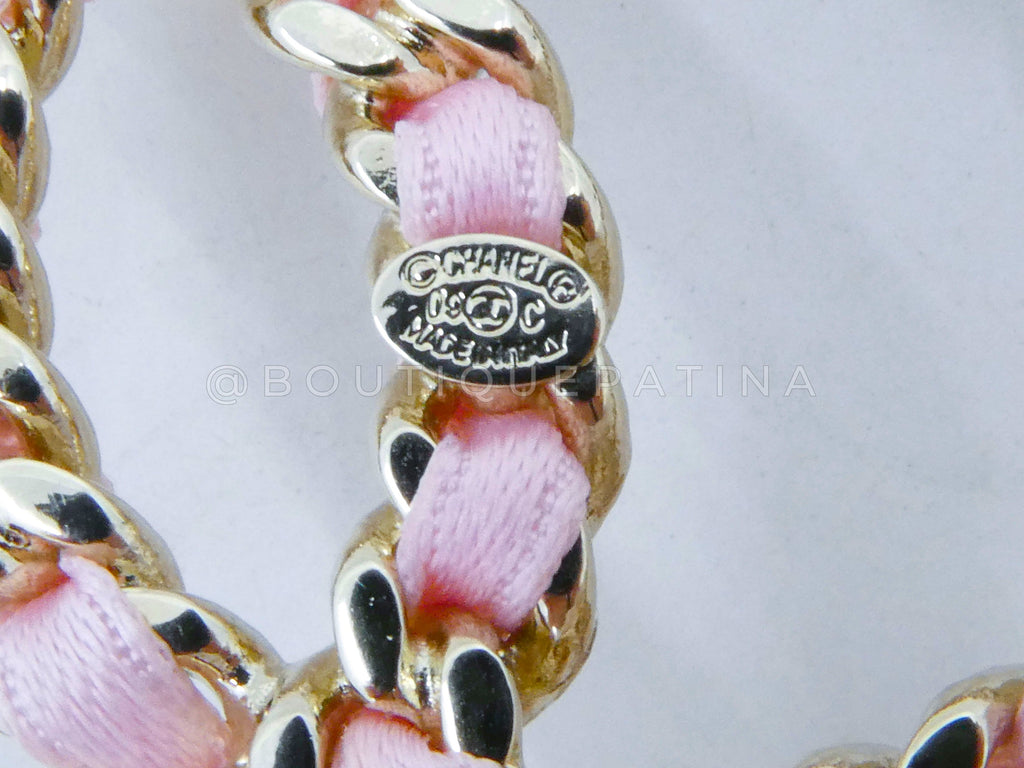 Chanel 09C Pink Woven Chain CC Logo Heart Hoop Earrings