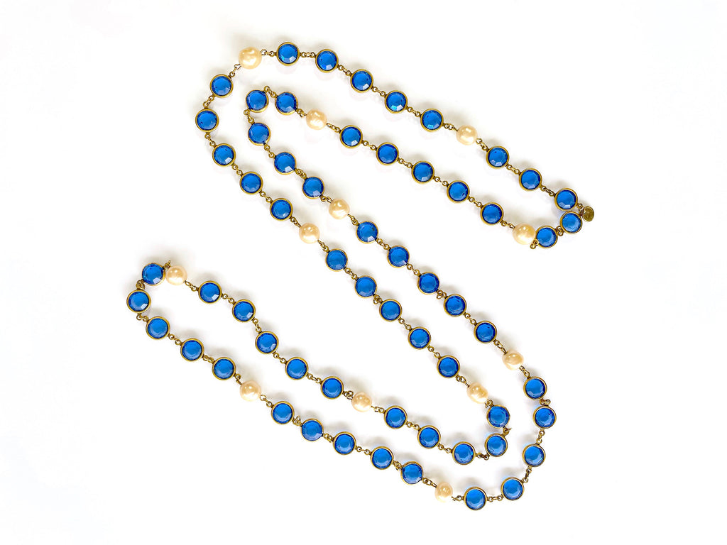 Chanel 1981 Vintage Blue Crystal and Pearl Chicklet Sautoir Station Strand Necklace
