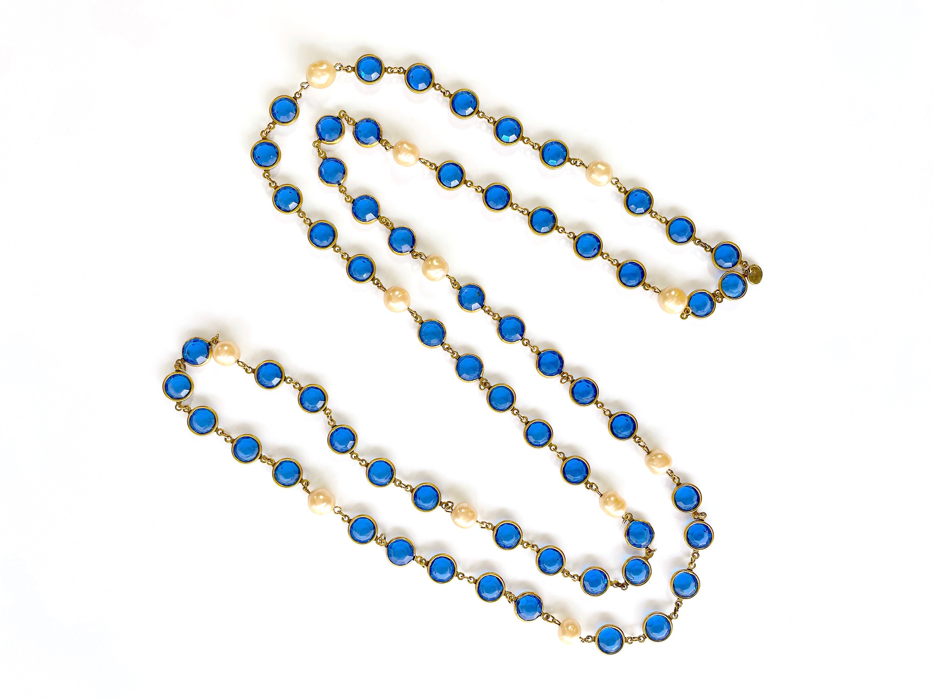 Chanel 1981 Vintage Blue Crystal and Pearl Chicklet Sautoir Station Strand Necklace
