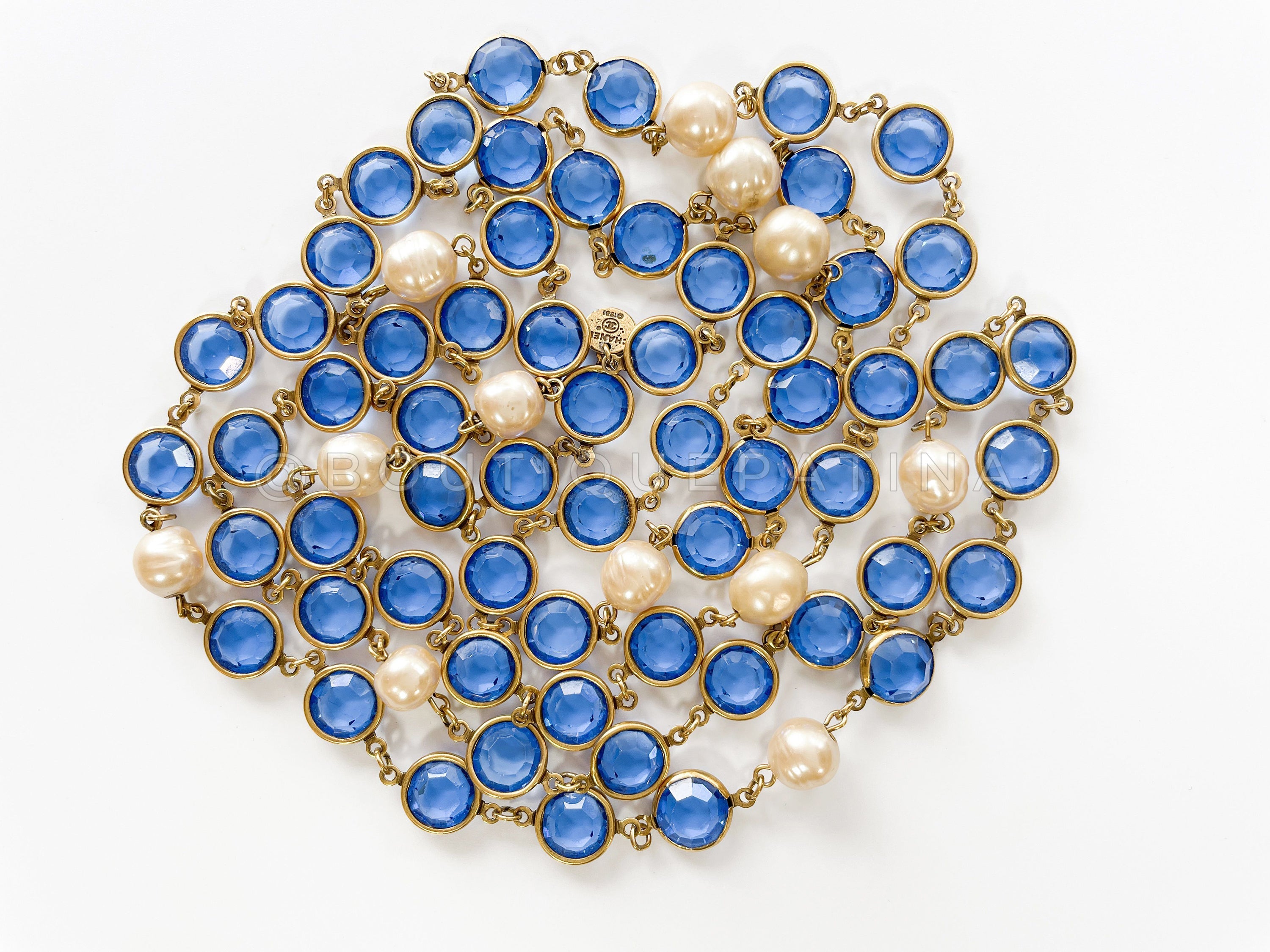 Chanel 1981 Vintage Blue Crystal and Pearl Chicklet Sautoir Station Strand Necklace