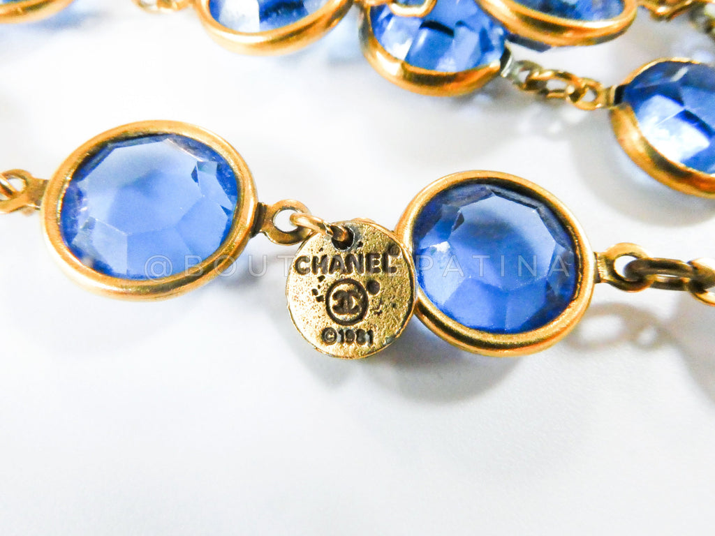 Chanel 1981 Vintage Blue Crystal and Pearl Chicklet Sautoir Station Strand Necklace
