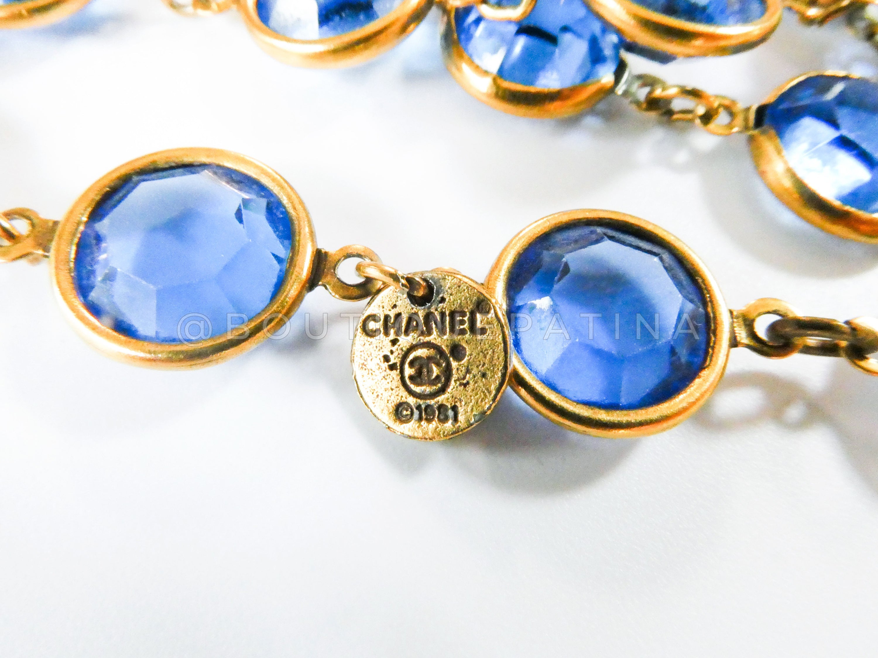 Chanel 1981 Vintage Blue Crystal and Pearl Chicklet Sautoir Station Strand Necklace