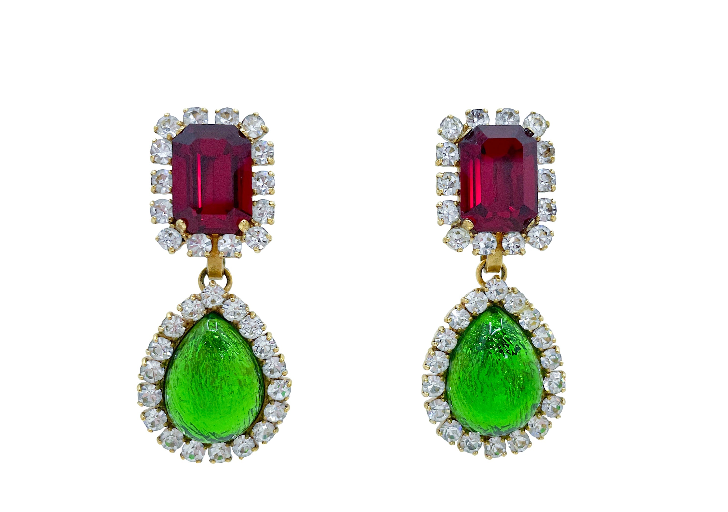 Chanel "Barbie" Crystal Earrings 95P Vintage Rhinestone Red Green Drop