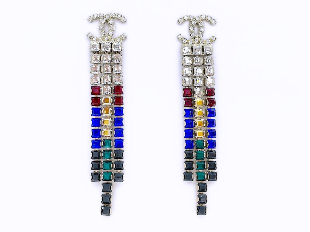 Chanel 19A Egypt Crystal Mesh Rainbow Strass Earrings Paris-New York 3-row KIA