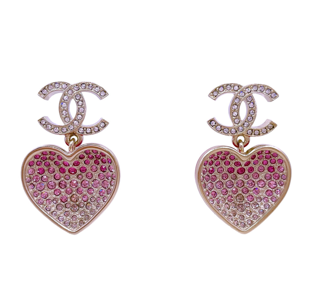 Chanel 23P Crystal CC Pink Heart Drop Earrings 1O6